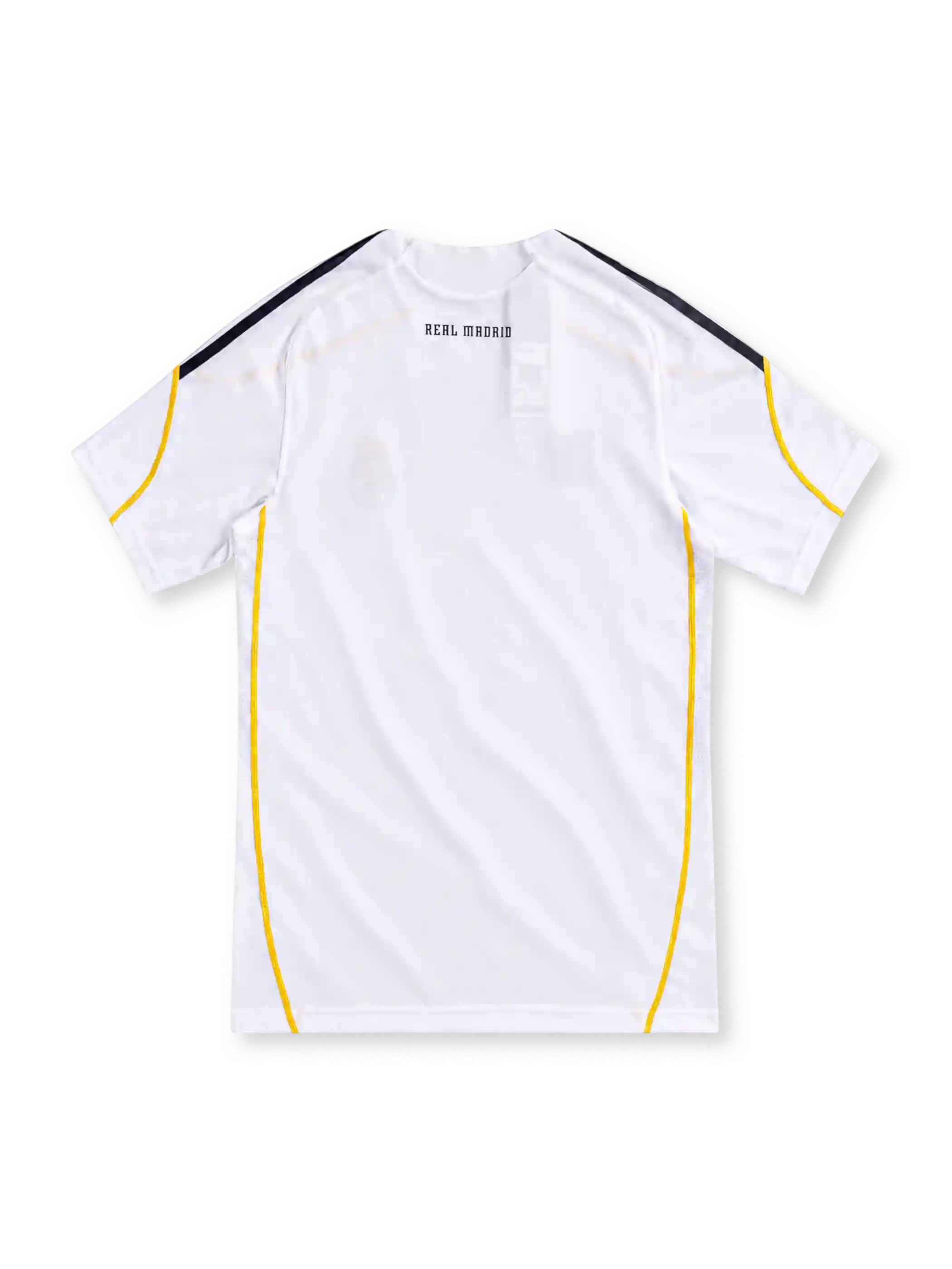 Real Madrid 2009/10 white home jersey with navy adidas stripes, gold trim, club crest and black bwin.com sponsor.