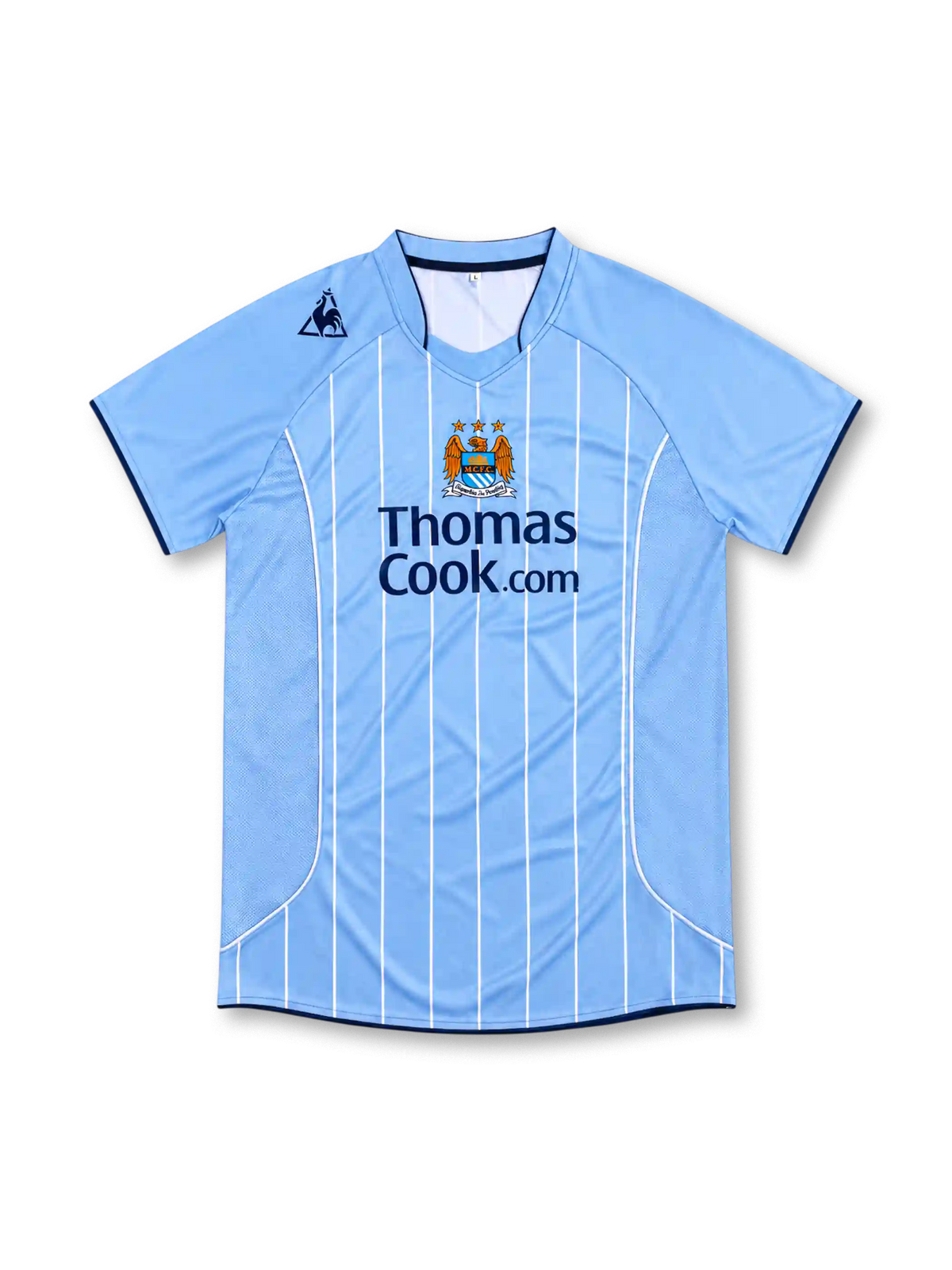 Manchester City 2007/08 sky-blue home jersey with white pinstripes, Le Coq Sportif logo, central club crest and Thomas Cook.com sponsor.