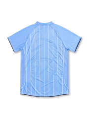 Manchester City 2007/08 sky-blue home jersey with white pinstripes, Le Coq Sportif logo, central club crest and Thomas Cook.com sponsor.