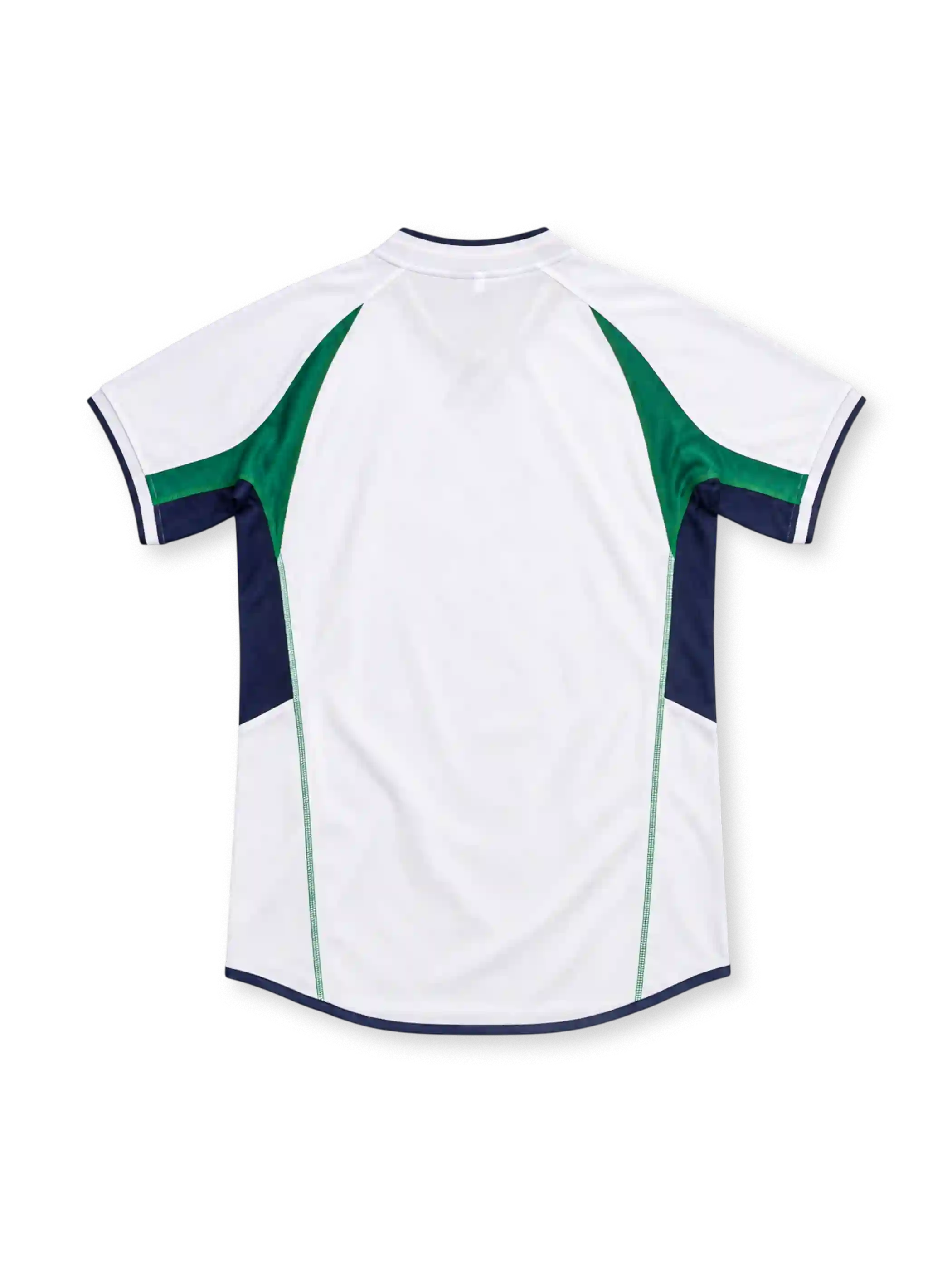 Ireland 2002 white away soccer jersey by Umbro with navy side panels, green piping, tricolor sleeve accents and FAI crest.