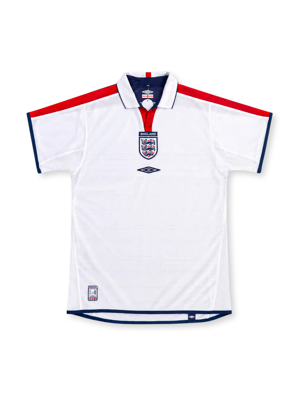 England 2004 white home jersey by Umbro with red shoulder panels, navy trim, white polo collar, central Three Lions crest and Umbro logo.