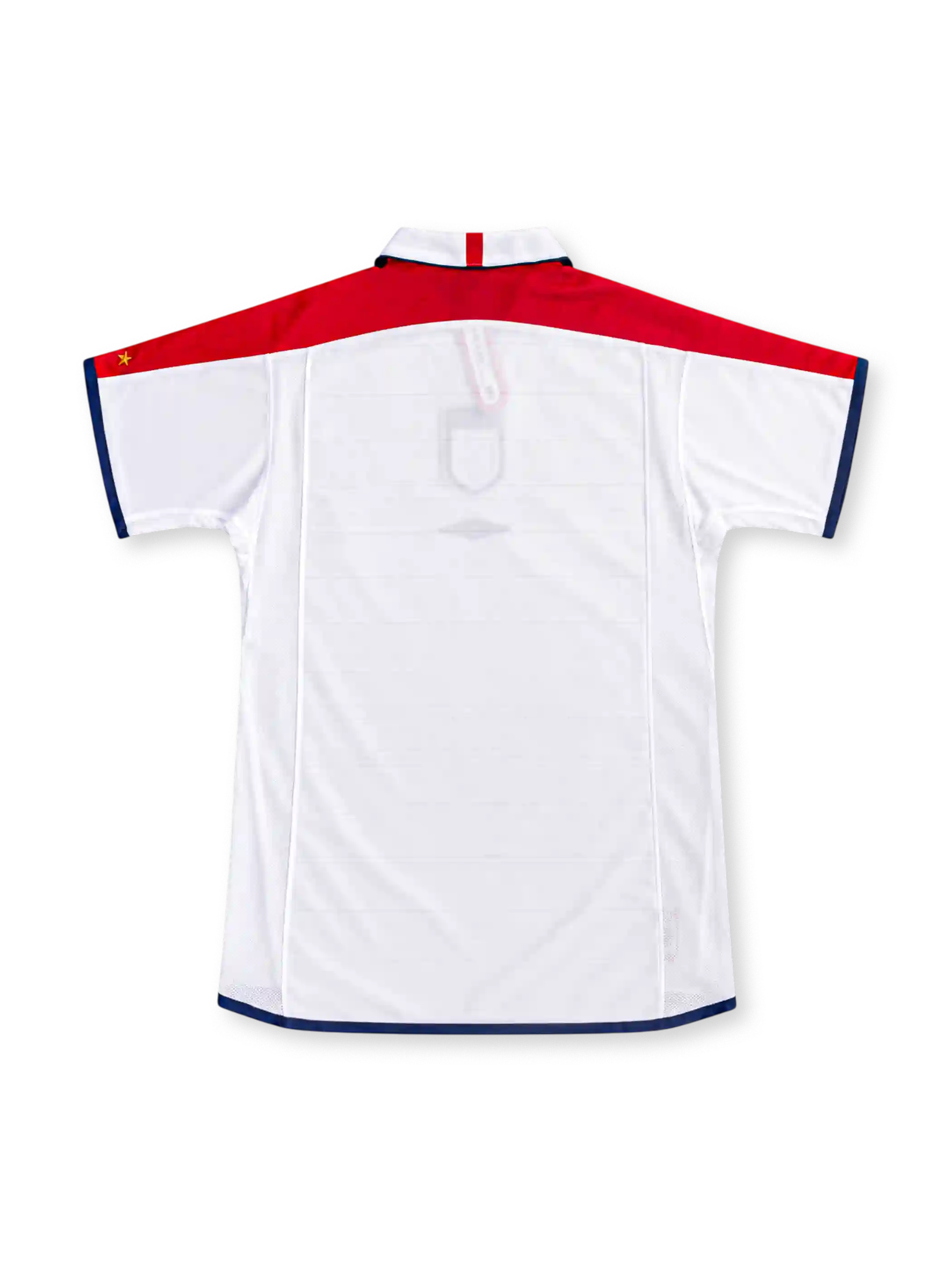 England 2004 white home jersey by Umbro with red shoulder panels, navy trim, white polo collar, central Three Lions crest and Umbro logo.