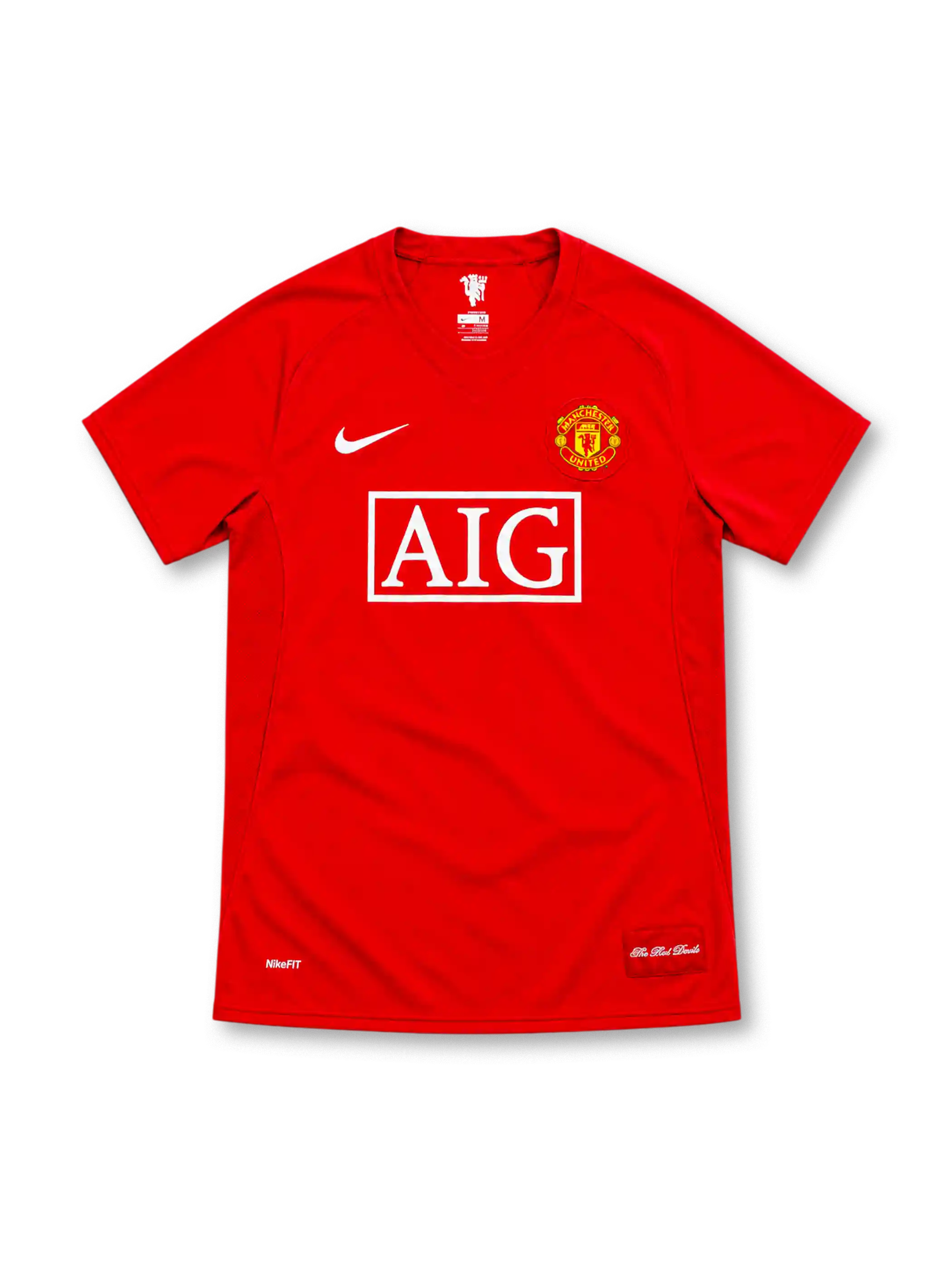 Manchester United 2007/08 red Nike home jersey with white AIG sponsor, club crest, Nike Swoosh and The Red Devils hem patch.
