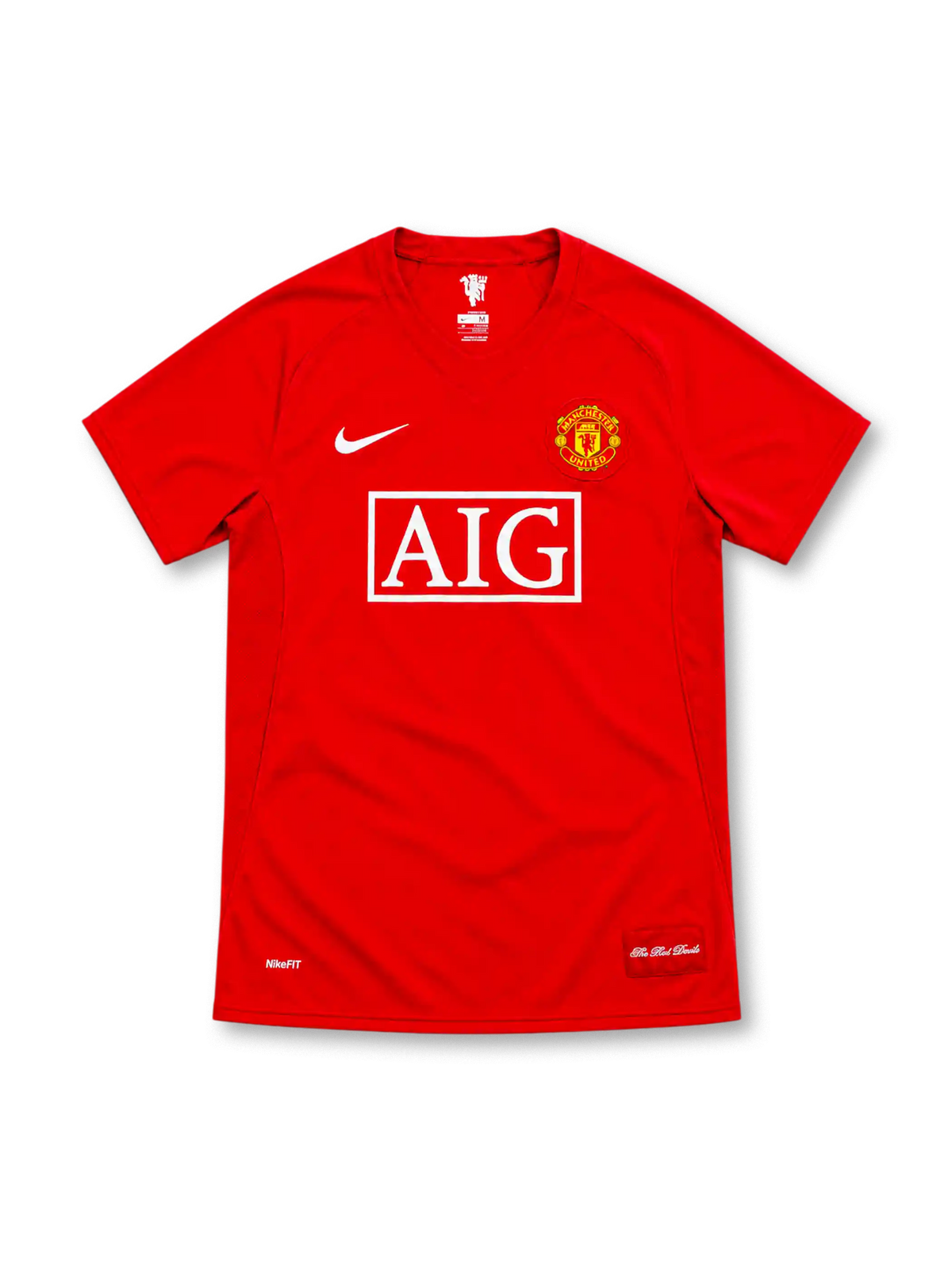 Manchester United 2007/08 red Nike home jersey with white AIG sponsor, club crest, Nike Swoosh and The Red Devils hem patch.