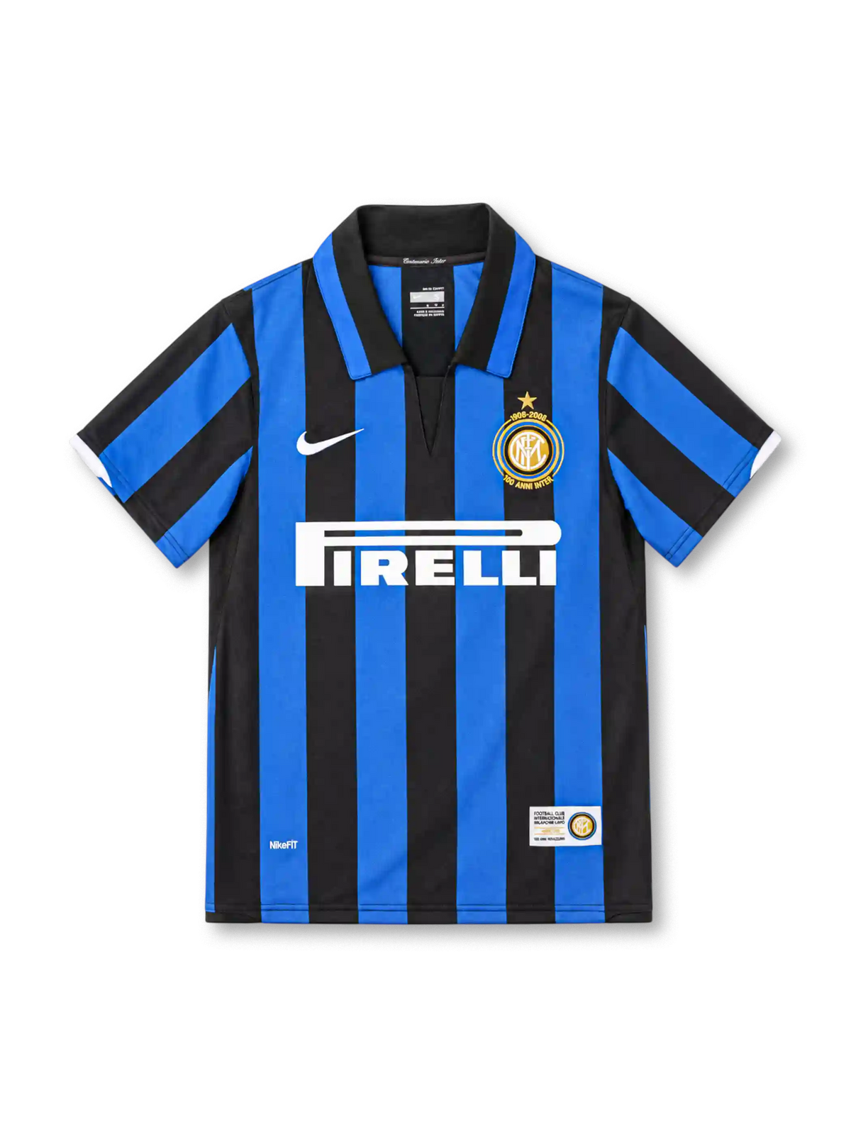 Inter Milan 2007/08 home jersey with blue and black stripes, white Nike Swoosh, Pirelli sponsor and gold 100th anniversary club crest.
