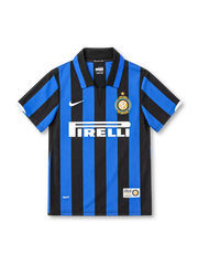 Inter Milan 2007/08 home jersey with blue and black stripes, white Nike Swoosh, Pirelli sponsor and gold 100th anniversary club crest.
