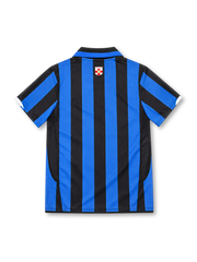 Inter Milan 2007/08 home jersey with blue and black stripes, white Nike Swoosh, Pirelli sponsor and gold 100th anniversary club crest.
