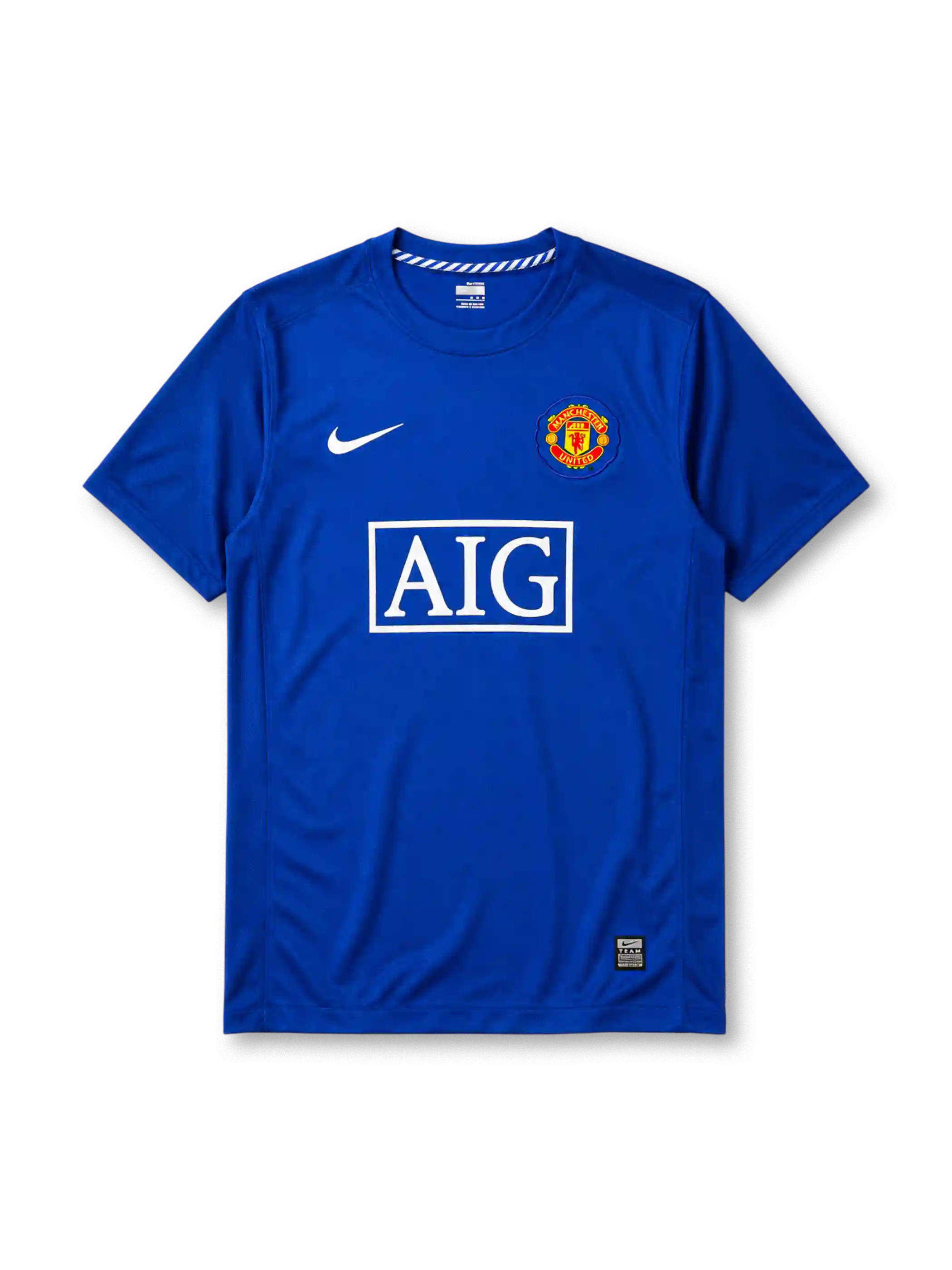 Manchester United 2008/09 third jersey in royal blue with rounded crest and AIG sponsor branding
