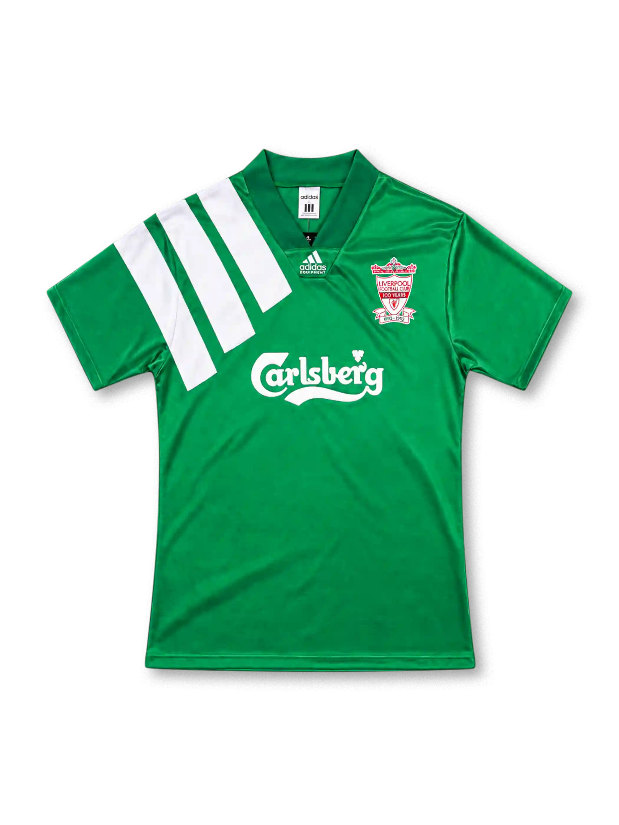Liverpool 1992/93 green away jersey by adidas with three white diagonal shoulder stripes, Carlsberg sponsor and centenary club crest.
