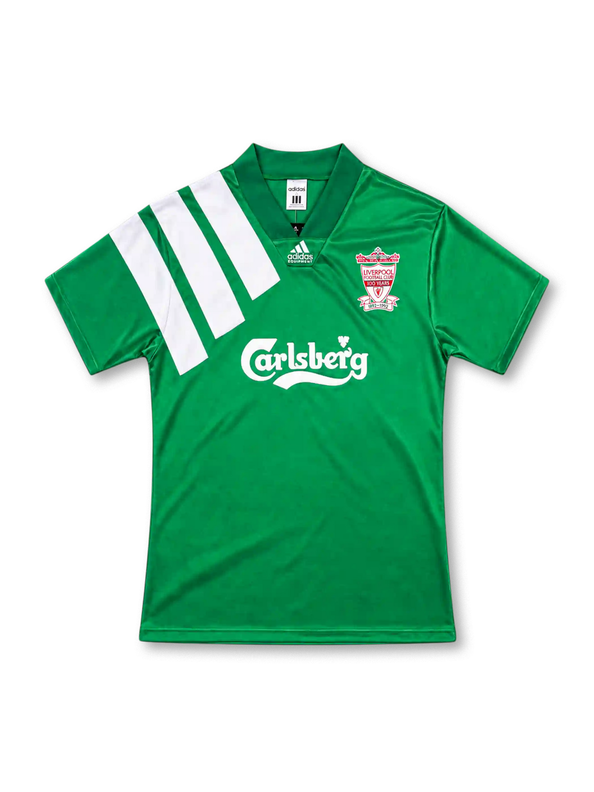Liverpool 1992/93 green away jersey by adidas with three white diagonal shoulder stripes, Carlsberg sponsor and centenary club crest.