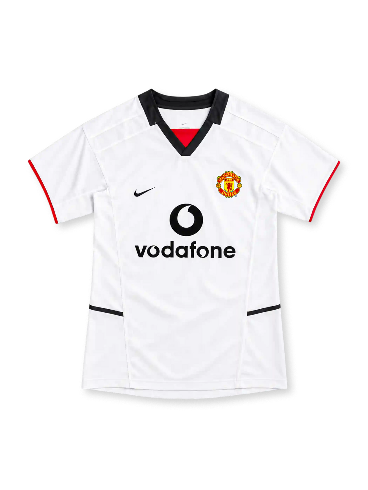 Manchester United 2002/03 white away jersey with black V-neck collar, red sleeve trim, Nike Swoosh, club crest and Vodafone sponsor.