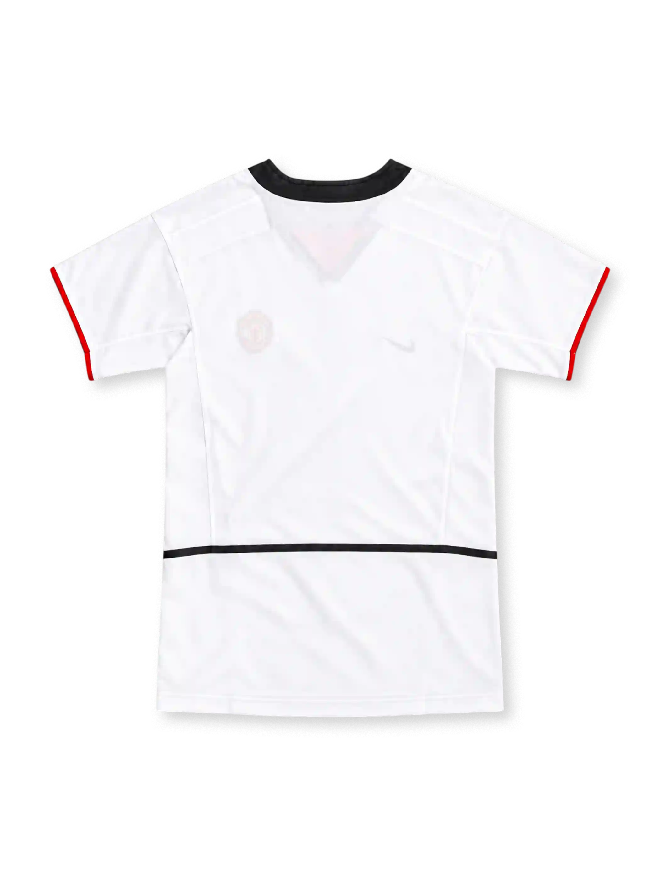 Manchester United 2002/03 white away jersey with black V-neck collar, red sleeve trim, Nike Swoosh, club crest and Vodafone sponsor.