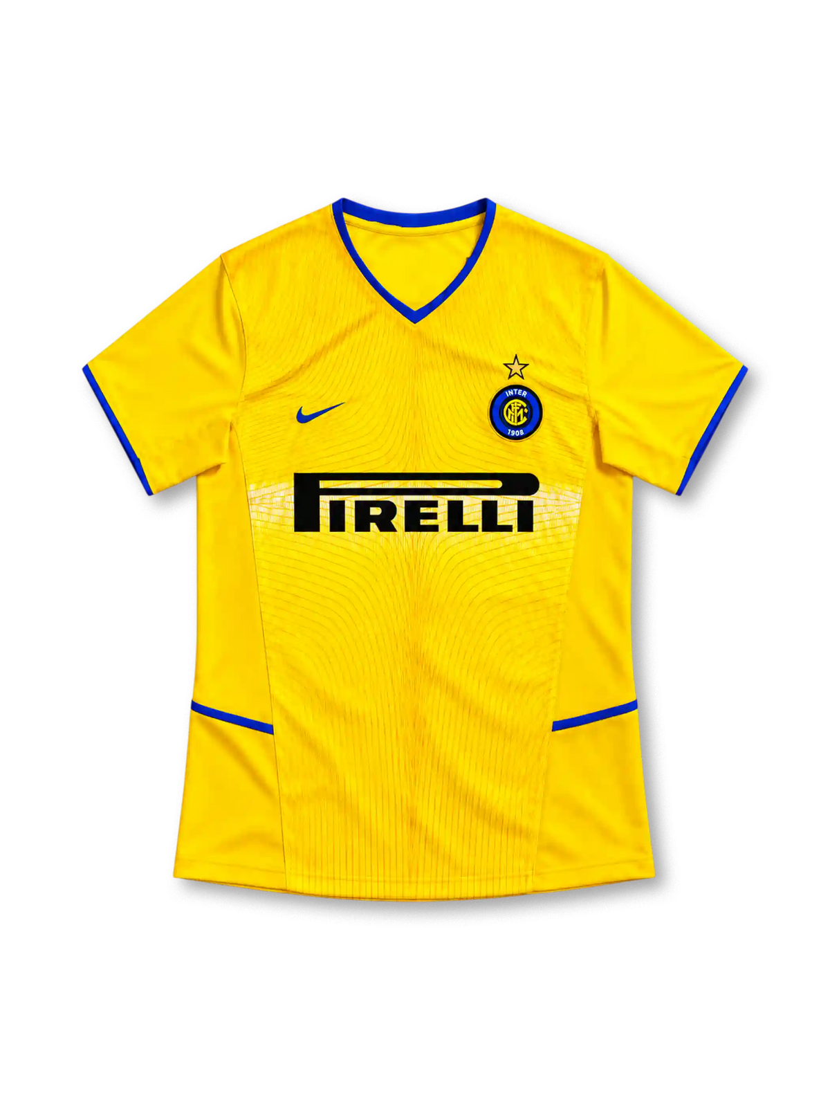 Inter Milan 2002/03 yellow third jersey with blue V-neck trim, Nike Swoosh, Inter crest, curved front pattern and black Pirelli sponsor.