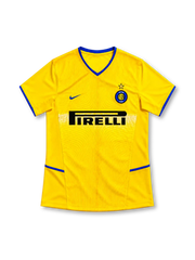 Inter Milan 2002/03 yellow third jersey with blue V-neck trim, Nike Swoosh, Inter crest, curved front pattern and black Pirelli sponsor.