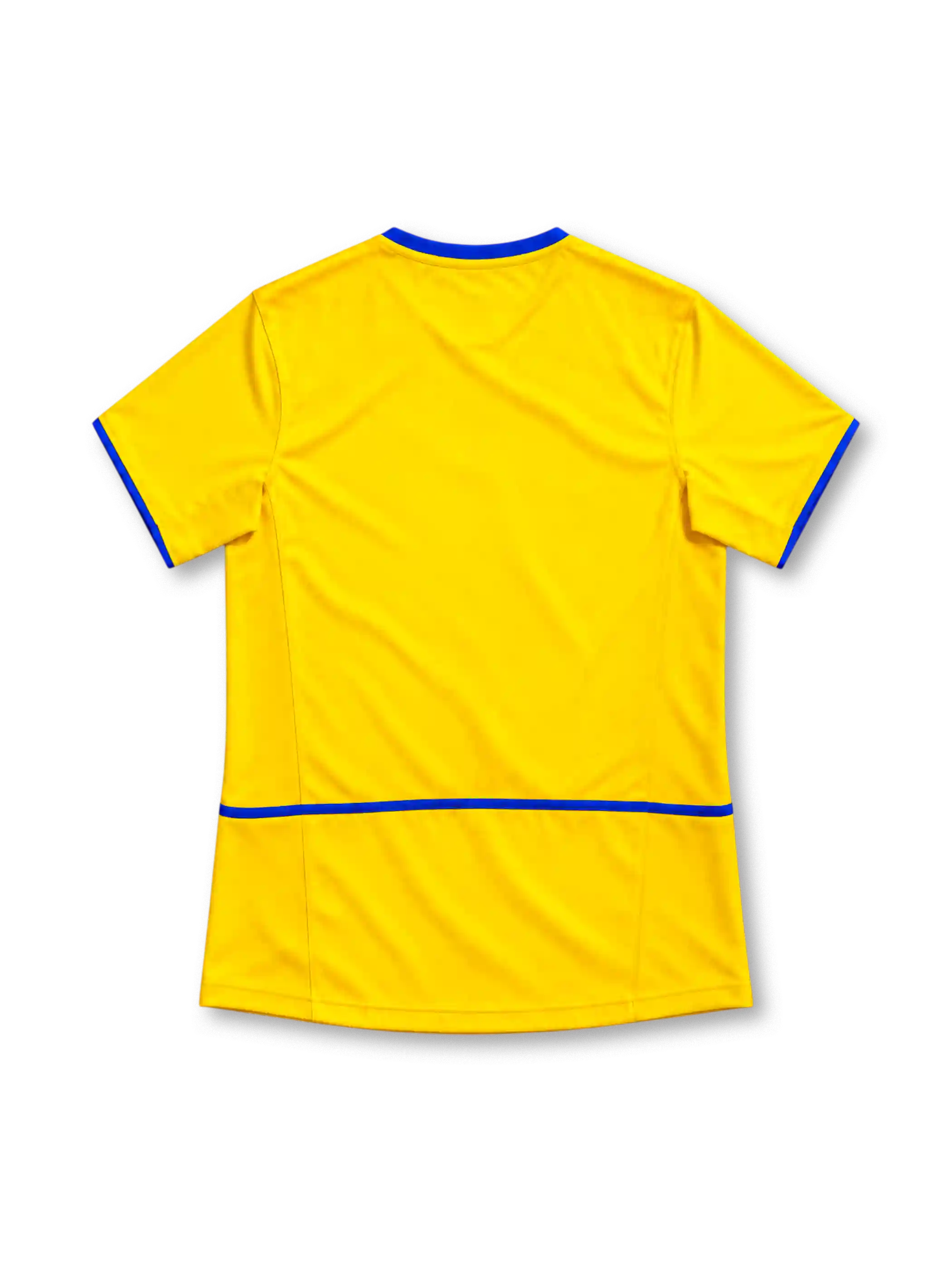 Inter Milan 2002/03 yellow third jersey with blue V-neck trim, Nike Swoosh, Inter crest, curved front pattern and black Pirelli sponsor.