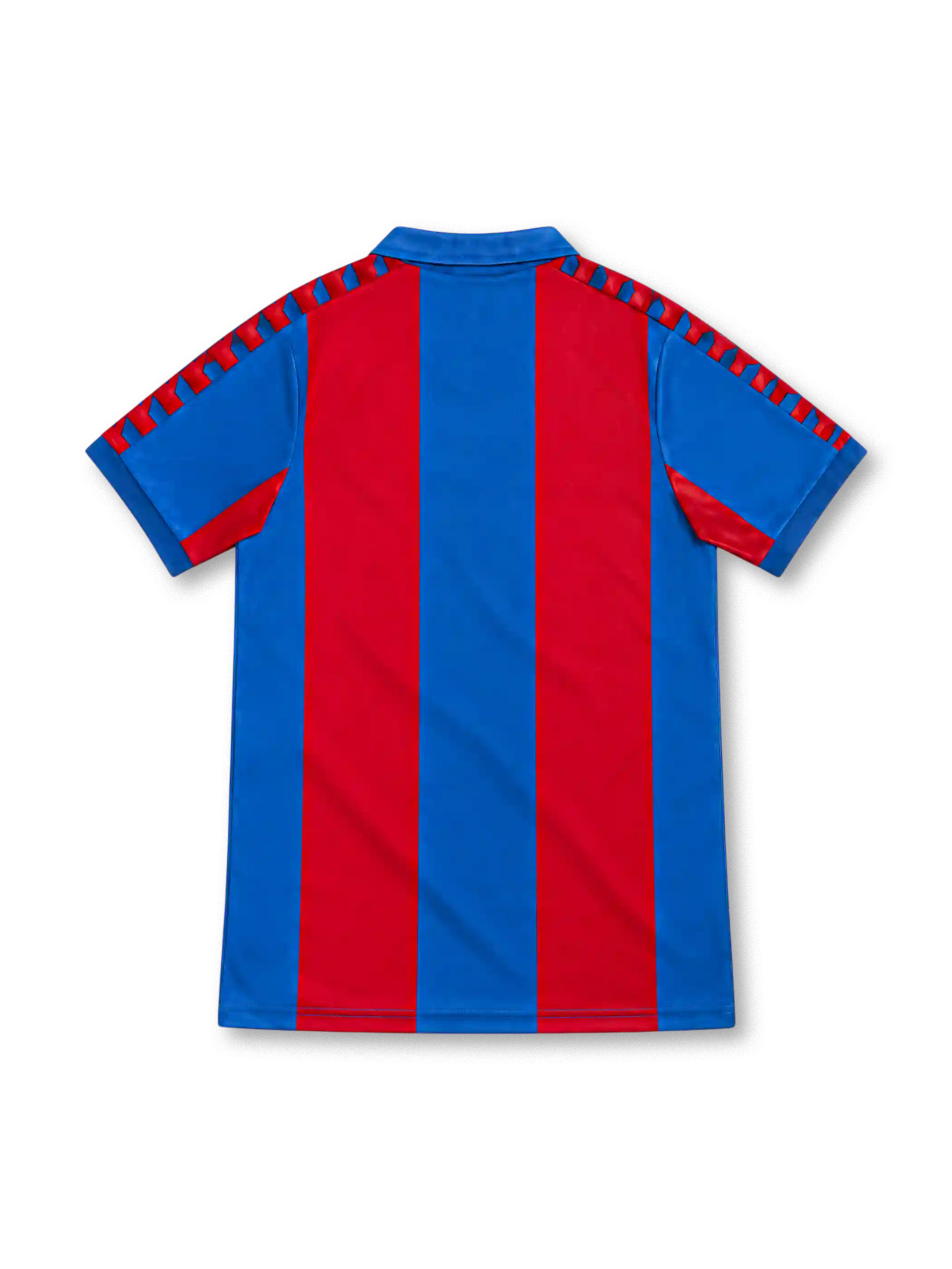 Barcelona 1980–82 home jersey with red and blue vertical stripes, blue collar, checkerboard shoulder trim, Meyba emblem and club crest.