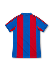 Barcelona 1980–82 home jersey with red and blue vertical stripes, blue collar, checkerboard shoulder trim, Meyba emblem and club crest.