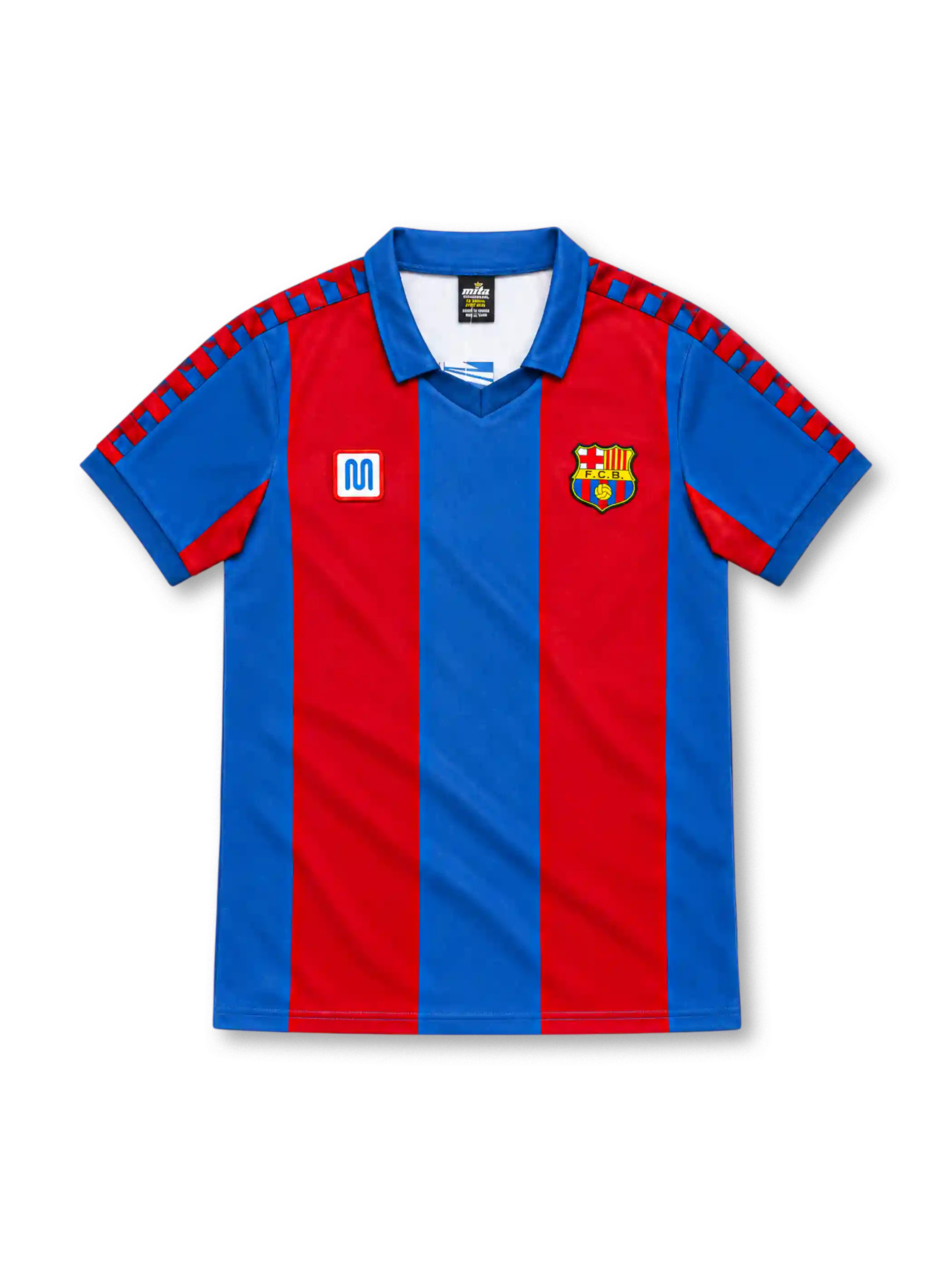 Barcelona 1980–82 home jersey with red and blue vertical stripes, blue collar, checkerboard shoulder trim, Meyba emblem and club crest.