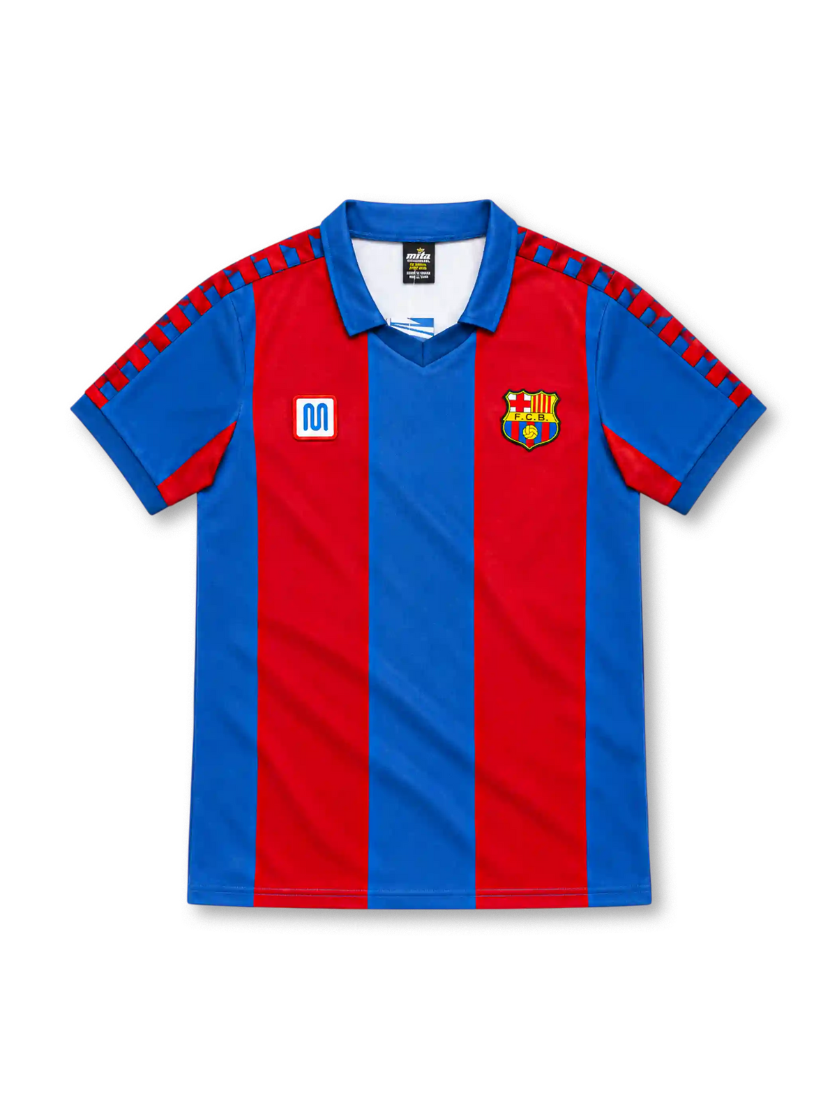 Barcelona 1980–82 home jersey with red and blue vertical stripes, blue collar, checkerboard shoulder trim, Meyba emblem and club crest.