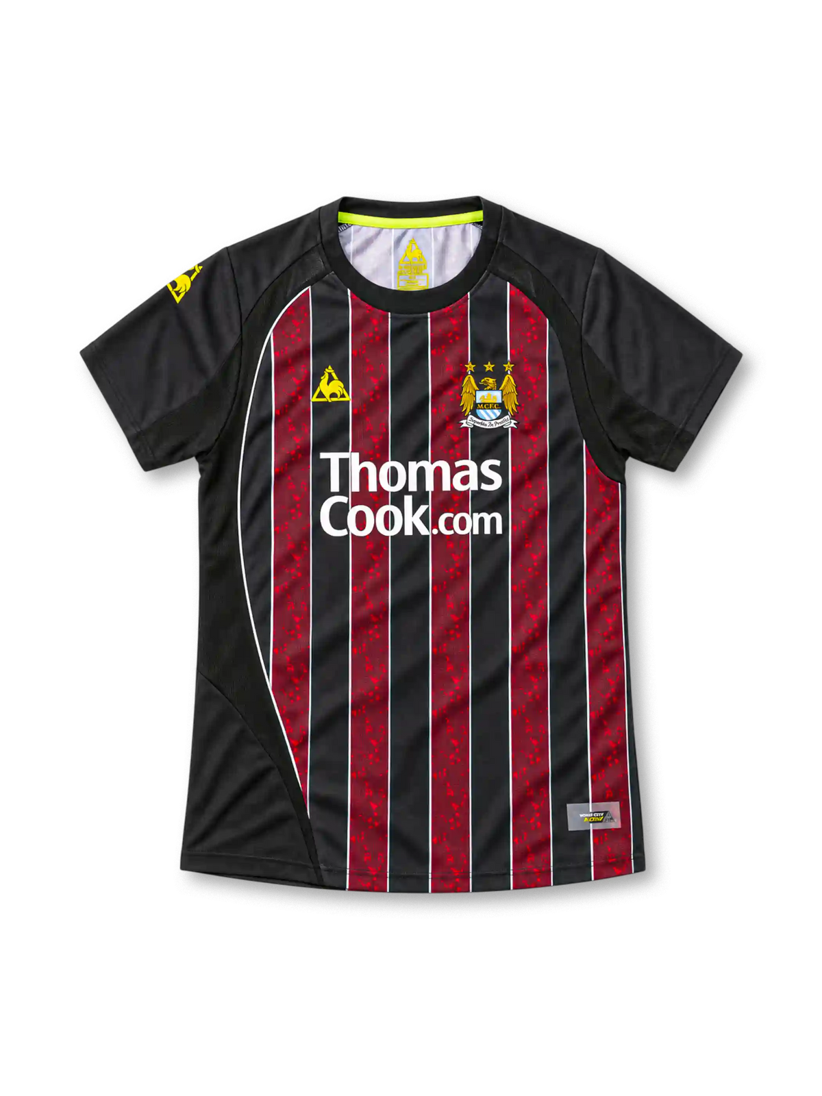 Manchester City 2008/09 black away jersey with marbled red stripes, white Thomas Cook.com sponsor, yellow Le Coq Sportif logo and club crest.