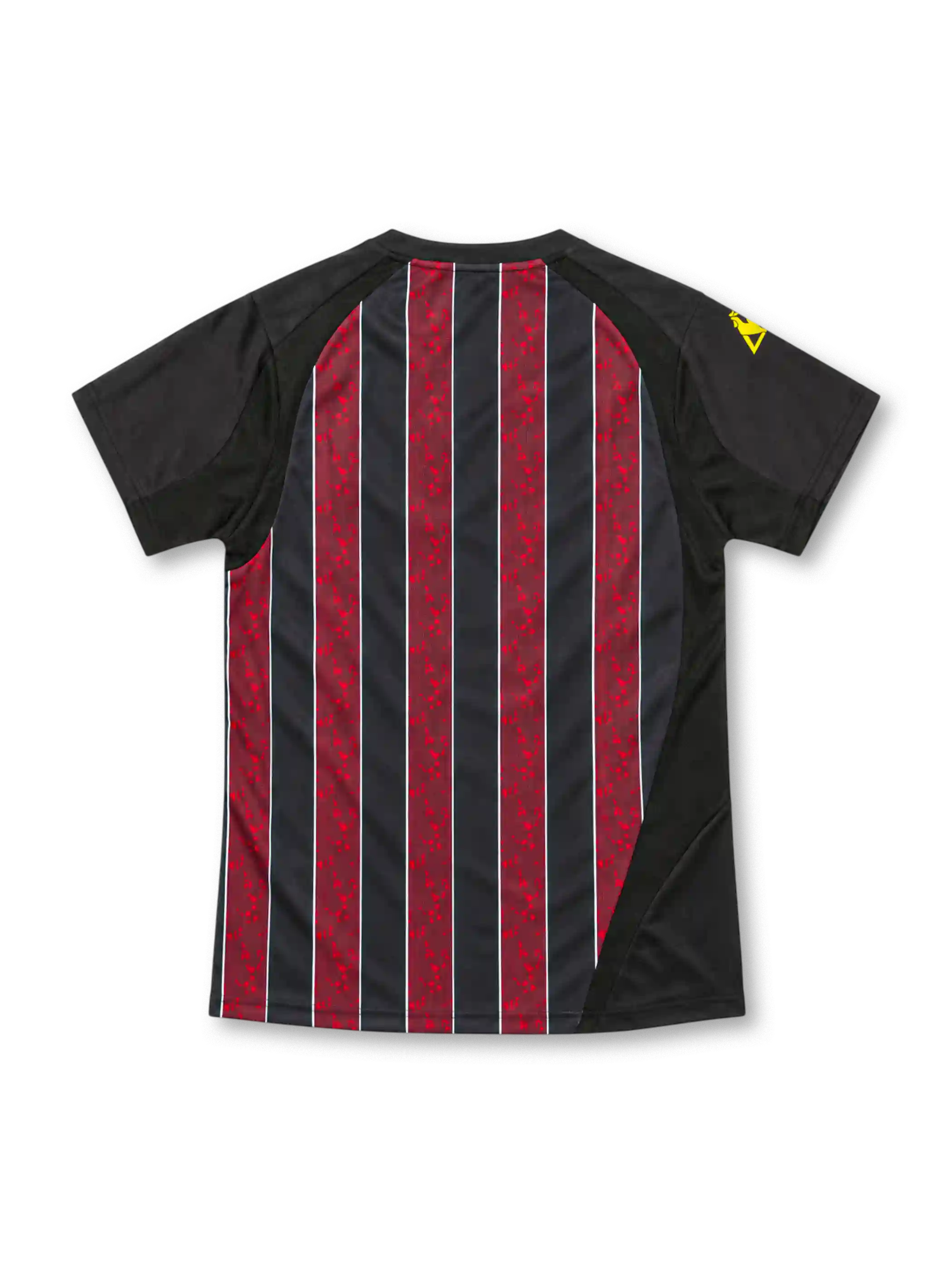 Manchester City 2008/09 black away jersey with marbled red stripes, white Thomas Cook.com sponsor, yellow Le Coq Sportif logo and club crest.