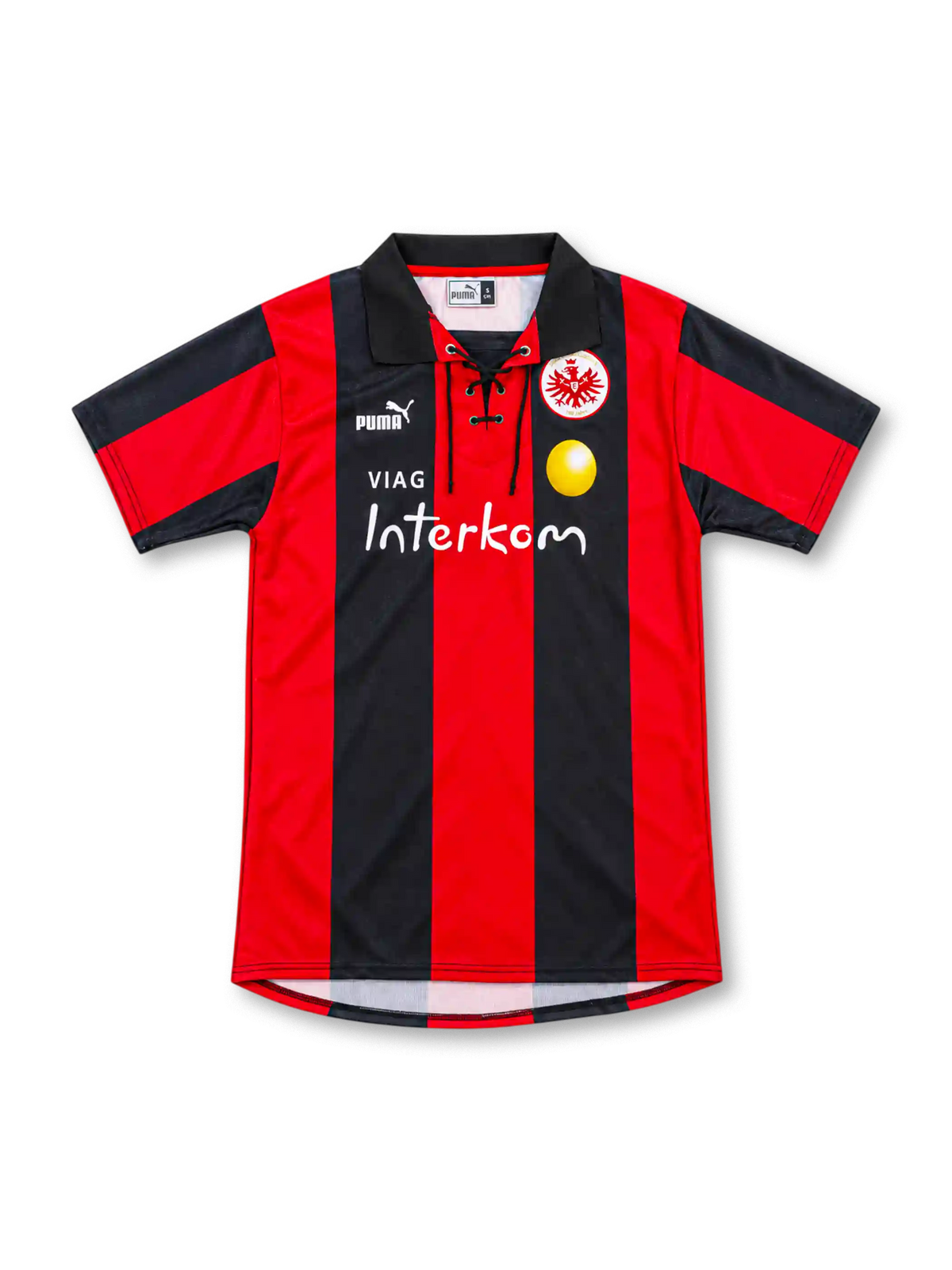 Eintracht Frankfurt 1999/00 home jersey with red and black stripes, lace-up collar, Puma logo, eagle crest and VIAG Interkom sponsor.