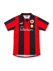 Eintracht Frankfurt 1999/00 home jersey with red and black stripes, lace-up collar, Puma logo, eagle crest and VIAG Interkom sponsor.