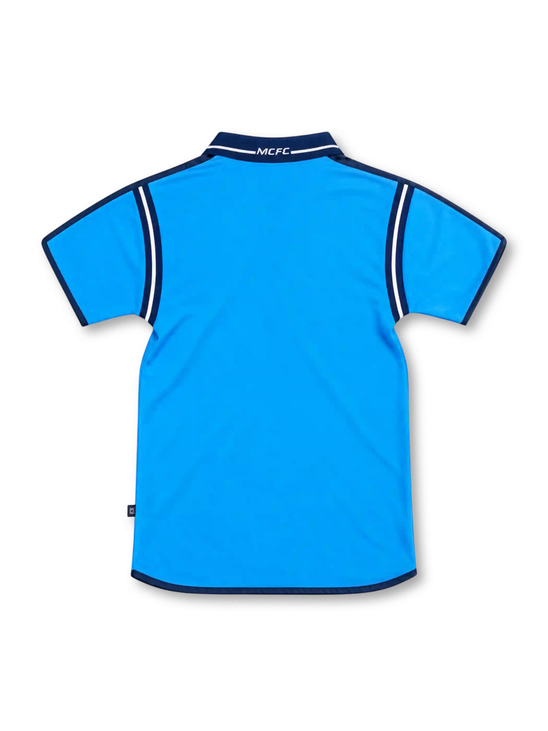 Manchester City 2001/02 sky-blue home jersey with navy polo collar, white EIDOS sponsor, Le Coq Sportif logo and three-star club crest.