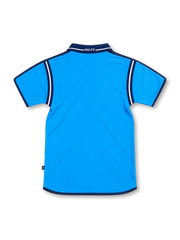 Manchester City 2001/02 sky-blue home jersey with navy polo collar, white EIDOS sponsor, Le Coq Sportif logo and three-star club crest.
