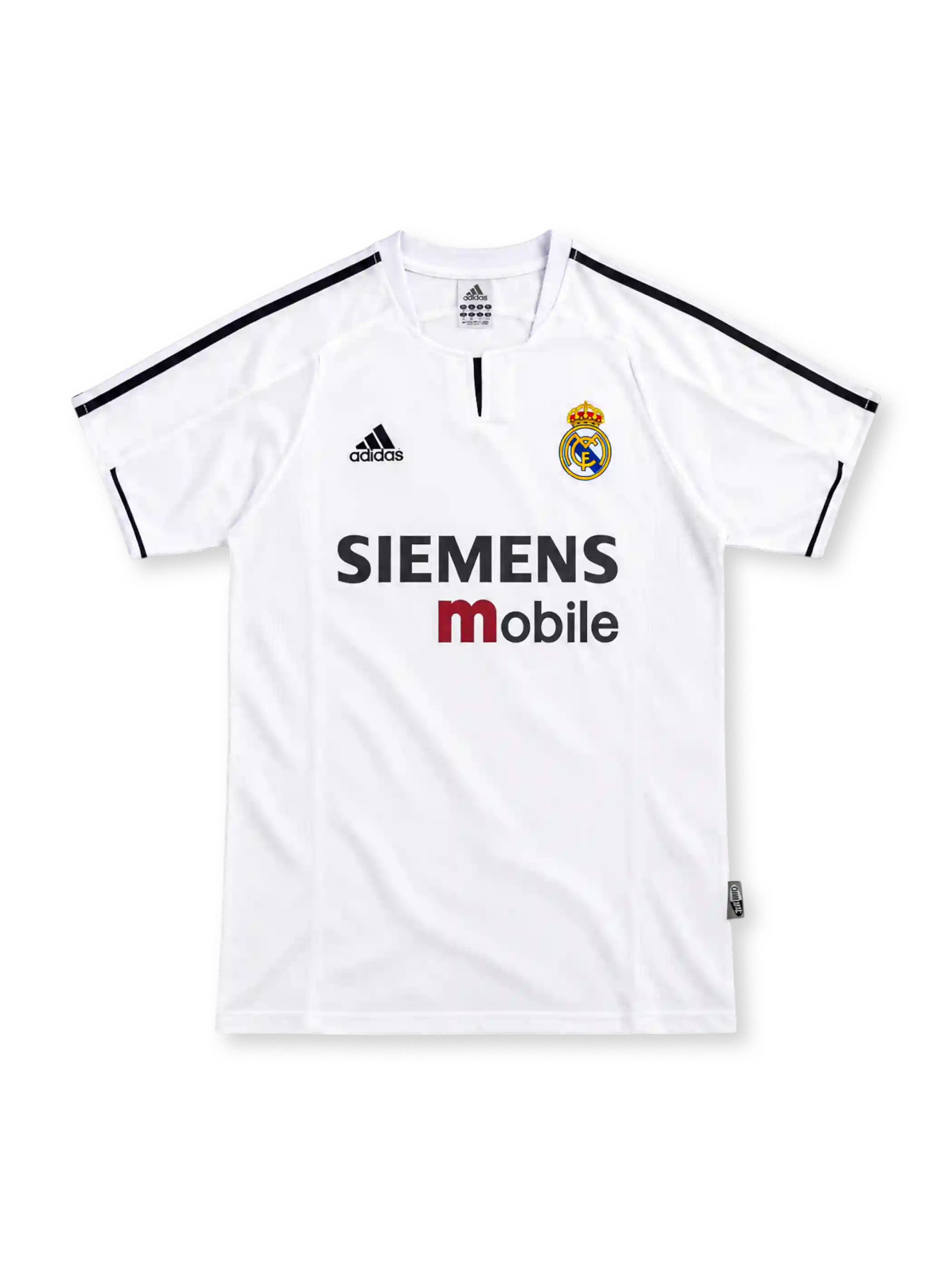 Real Madrid 2003/04 white home jersey with black adidas shoulder stripes, club crest and black-and-red Siemens mobile sponsor.
