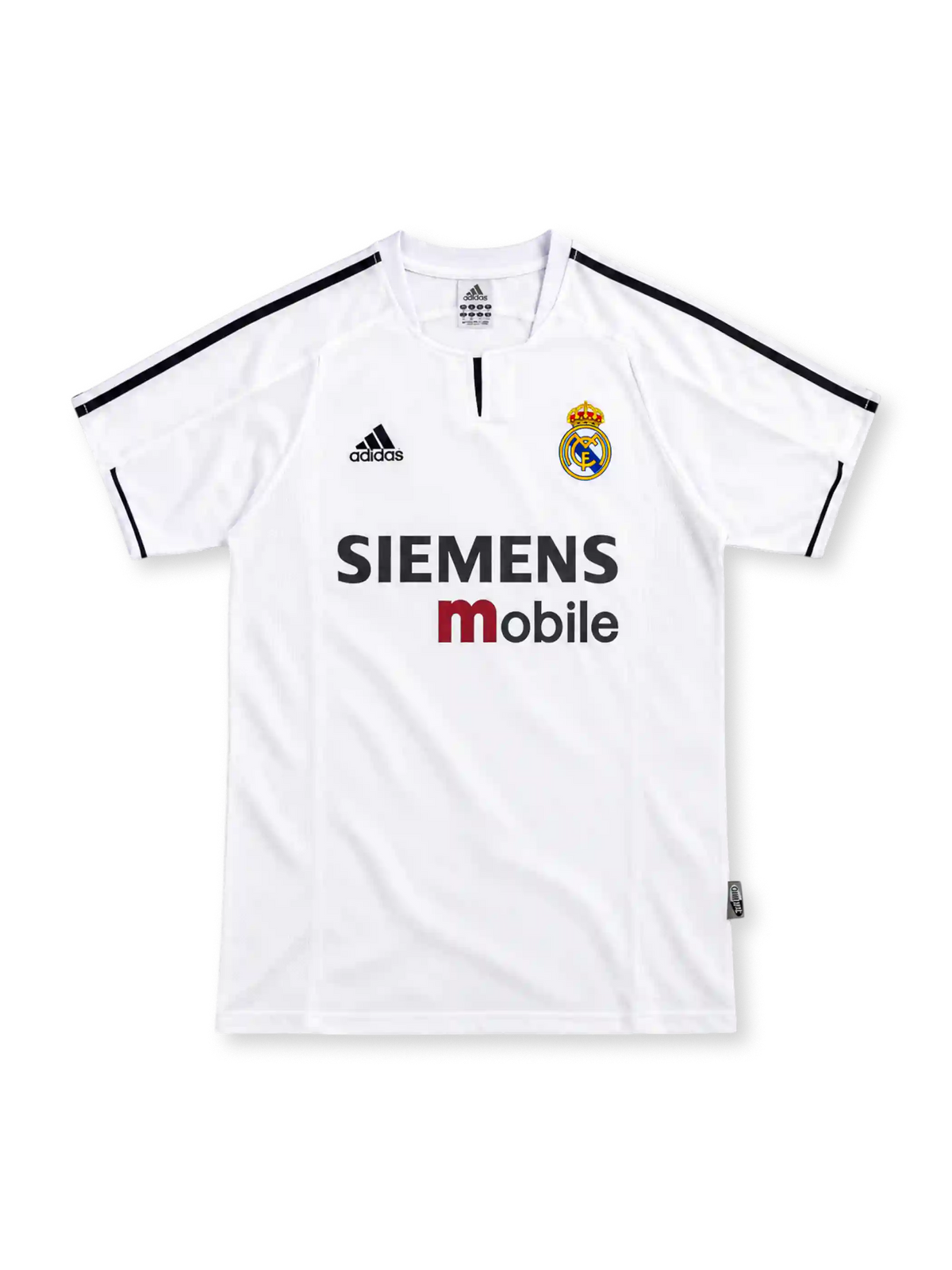 Real Madrid 2003/04 white home jersey with black adidas shoulder stripes, club crest and black-and-red Siemens mobile sponsor.