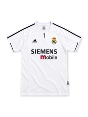 Real Madrid 2003/04 white home jersey with black adidas shoulder stripes, club crest and black-and-red Siemens mobile sponsor.