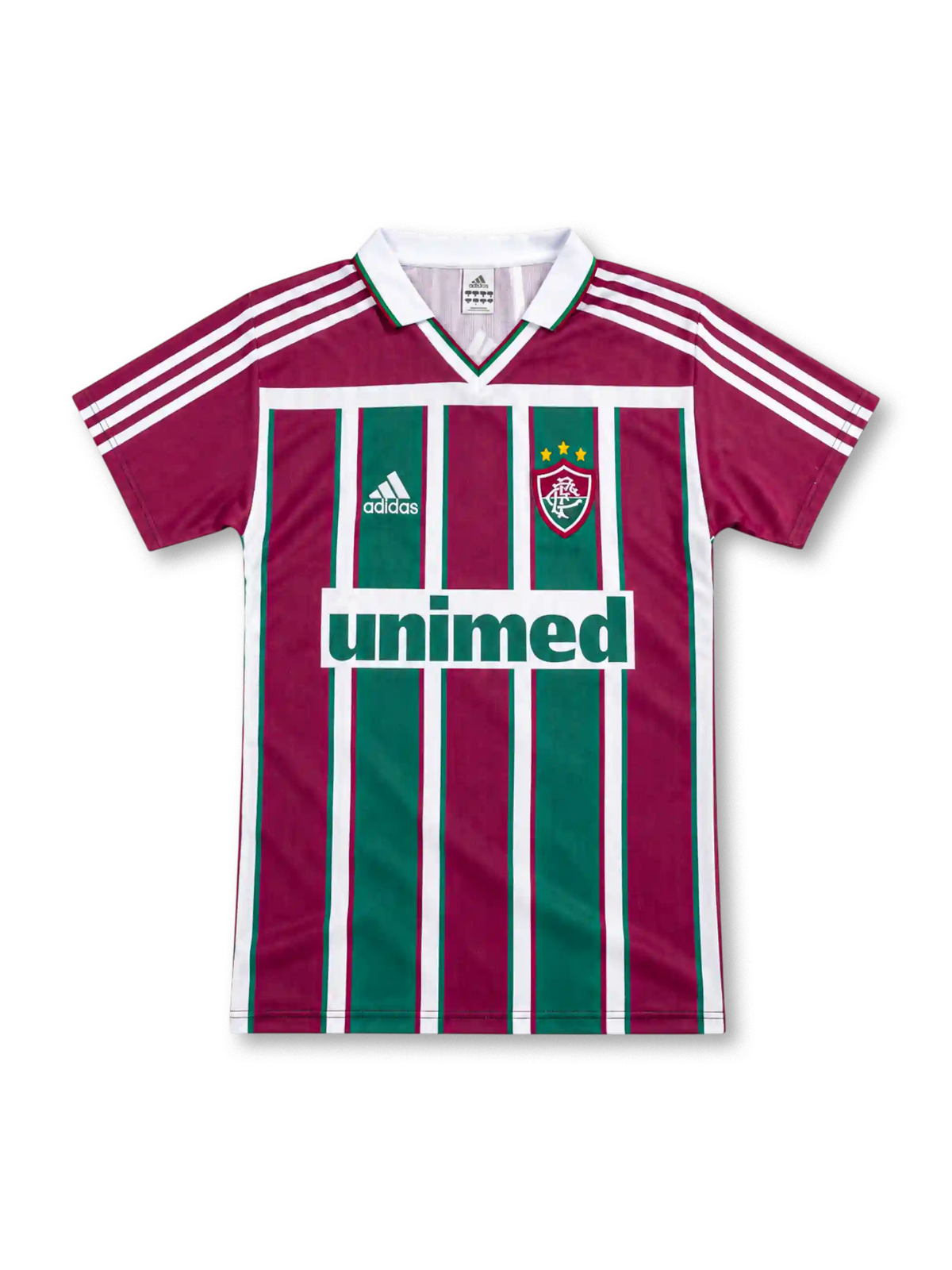 Fluminense 2003 home jersey with burgundy, green and white stripes, white adidas shoulder stripes, three-star crest and Unimed sponsor.