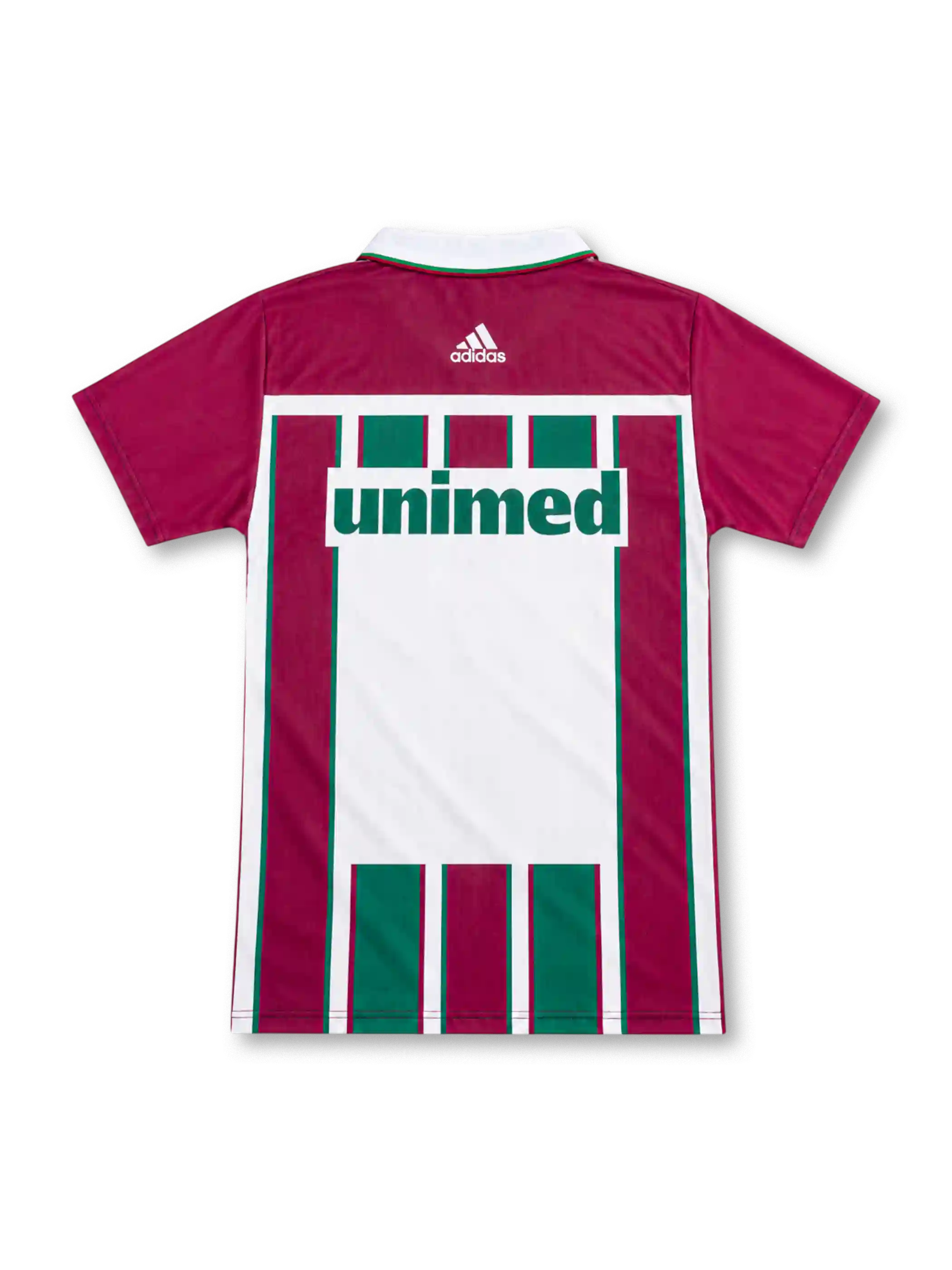 Fluminense 2003 home jersey with burgundy, green and white stripes, white adidas shoulder stripes, three-star crest and Unimed sponsor.
