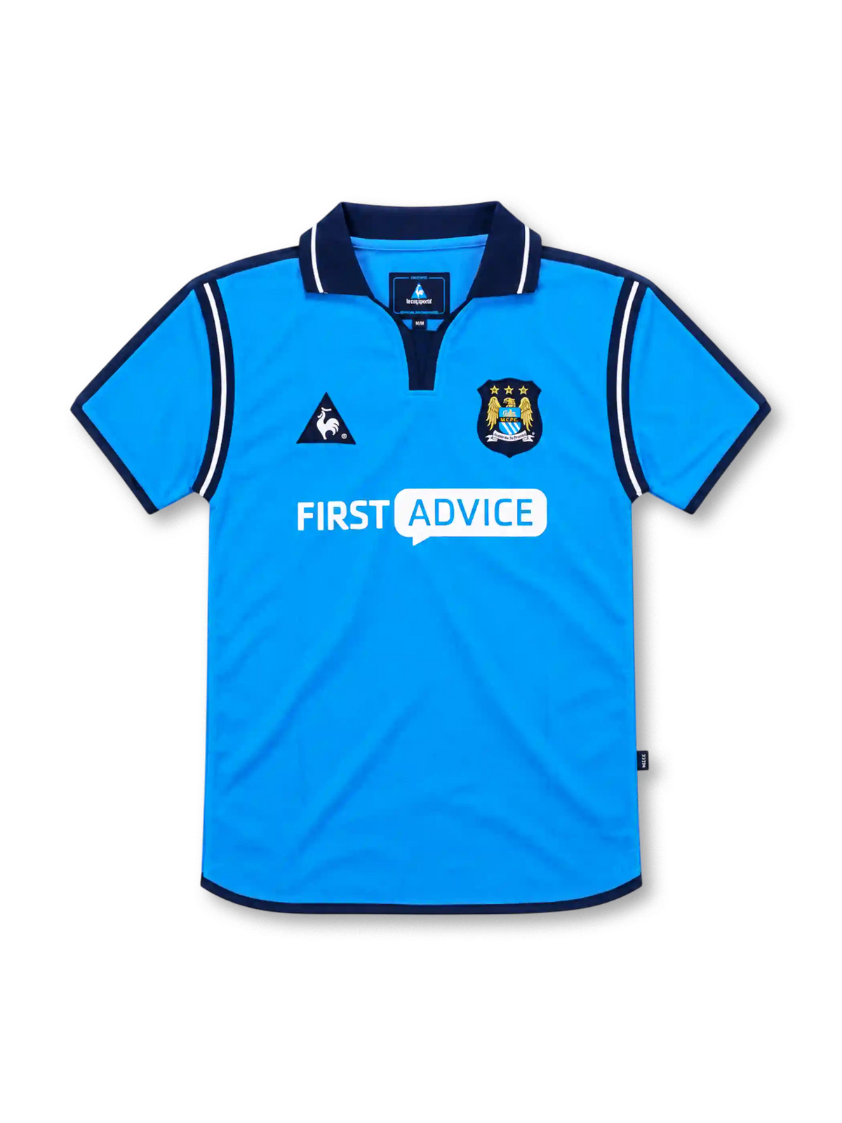 Manchester City 2002/03 sky-blue home jersey with navy collar, white piping, Le Coq Sportif logo, three-star club crest and First Advice sponsor.
