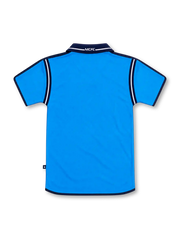 Manchester City 2002/03 sky-blue home jersey with navy collar, white piping, Le Coq Sportif logo, three-star club crest and First Advice sponsor.
