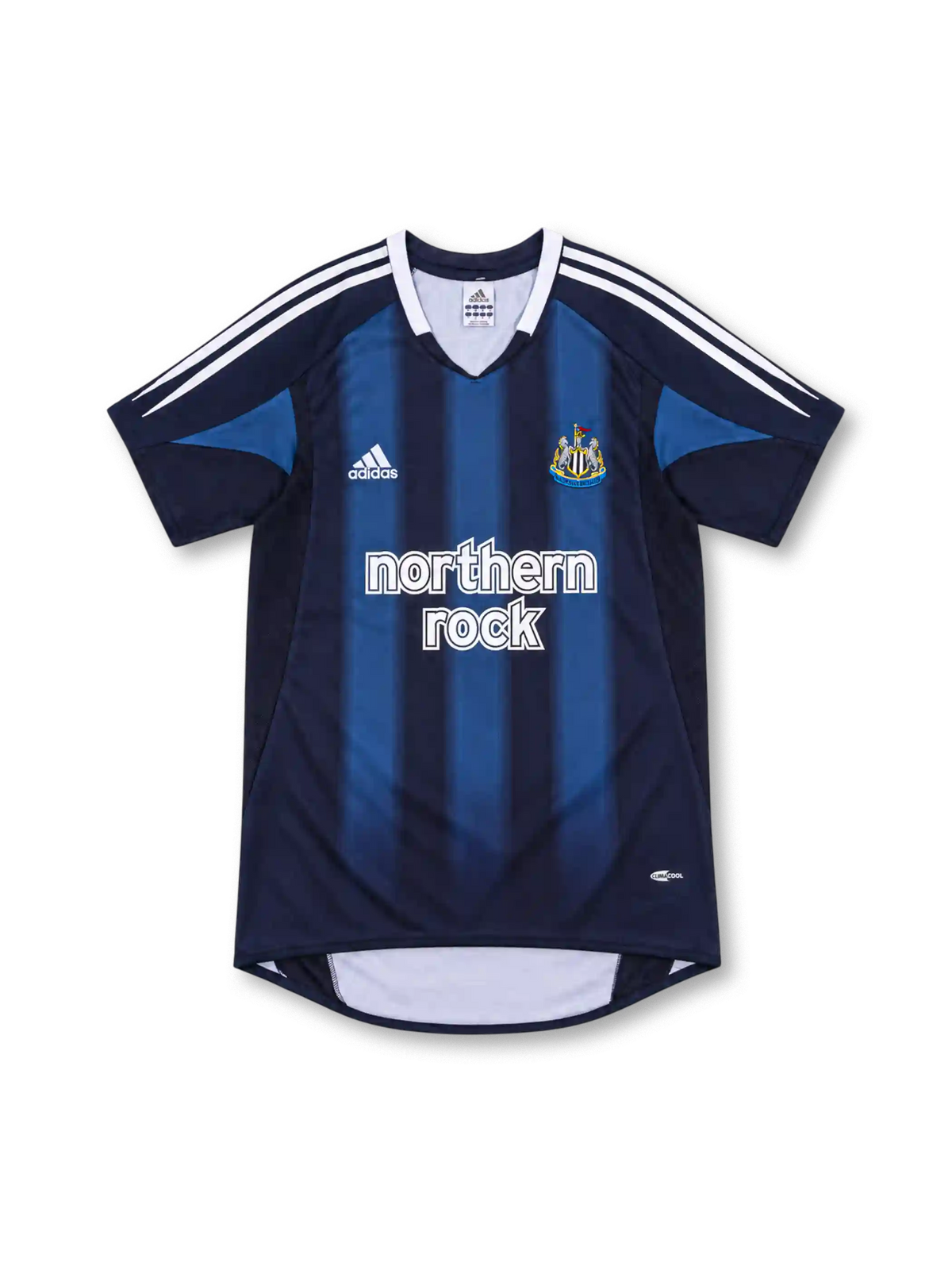 Newcastle United 2004/05 navy away jersey with blue vertical stripes, white adidas shoulder stripes, club crest and Northern Rock sponsor.