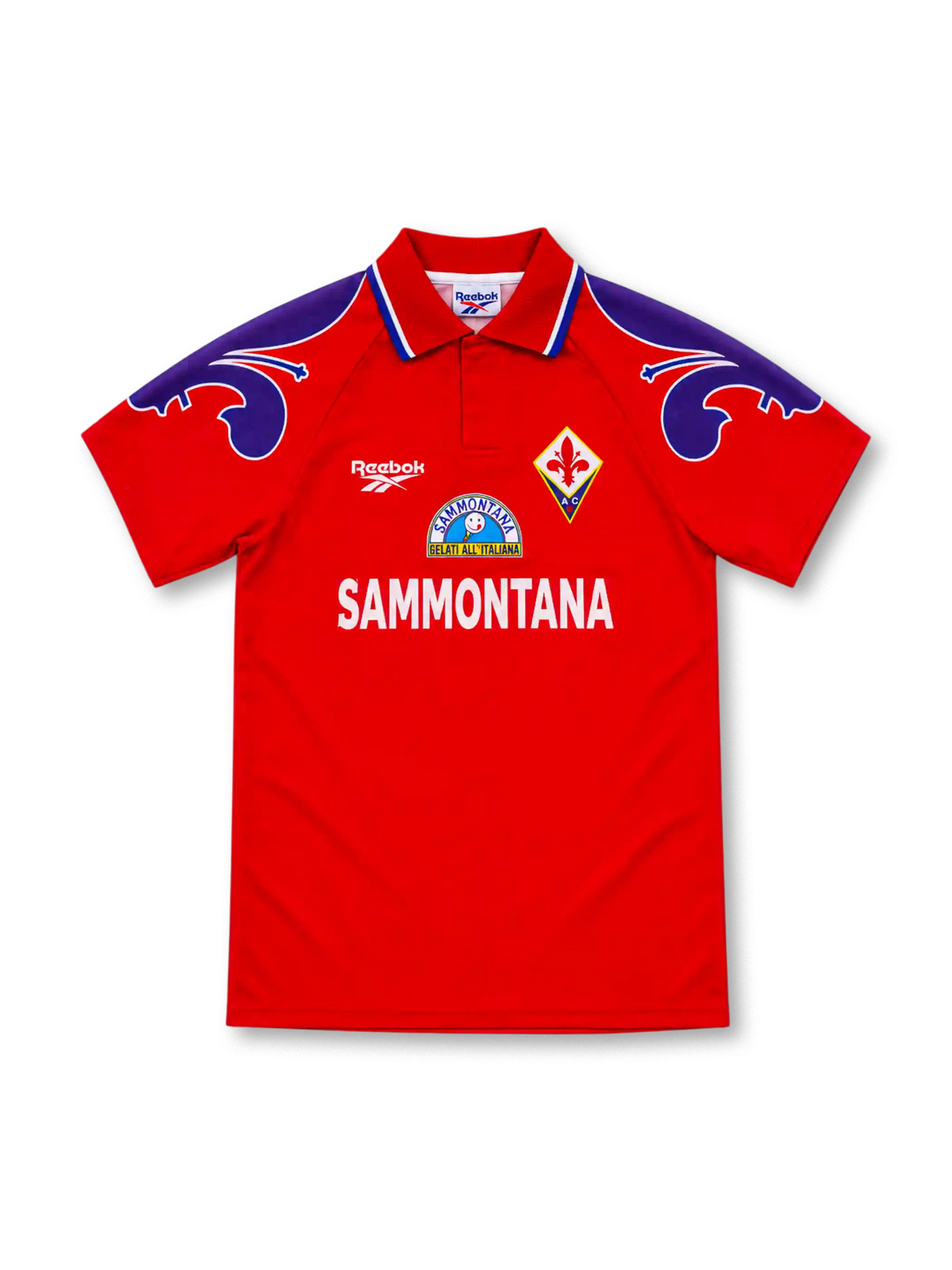 Fiorentina 1995/96 red third jersey by Reebok with purple shoulder graphics, fold-down collar, fleur-de-lis crest and Sammontana sponsor.