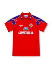 Fiorentina 1995/96 red third jersey by Reebok with purple shoulder graphics, fold-down collar, fleur-de-lis crest and Sammontana sponsor.