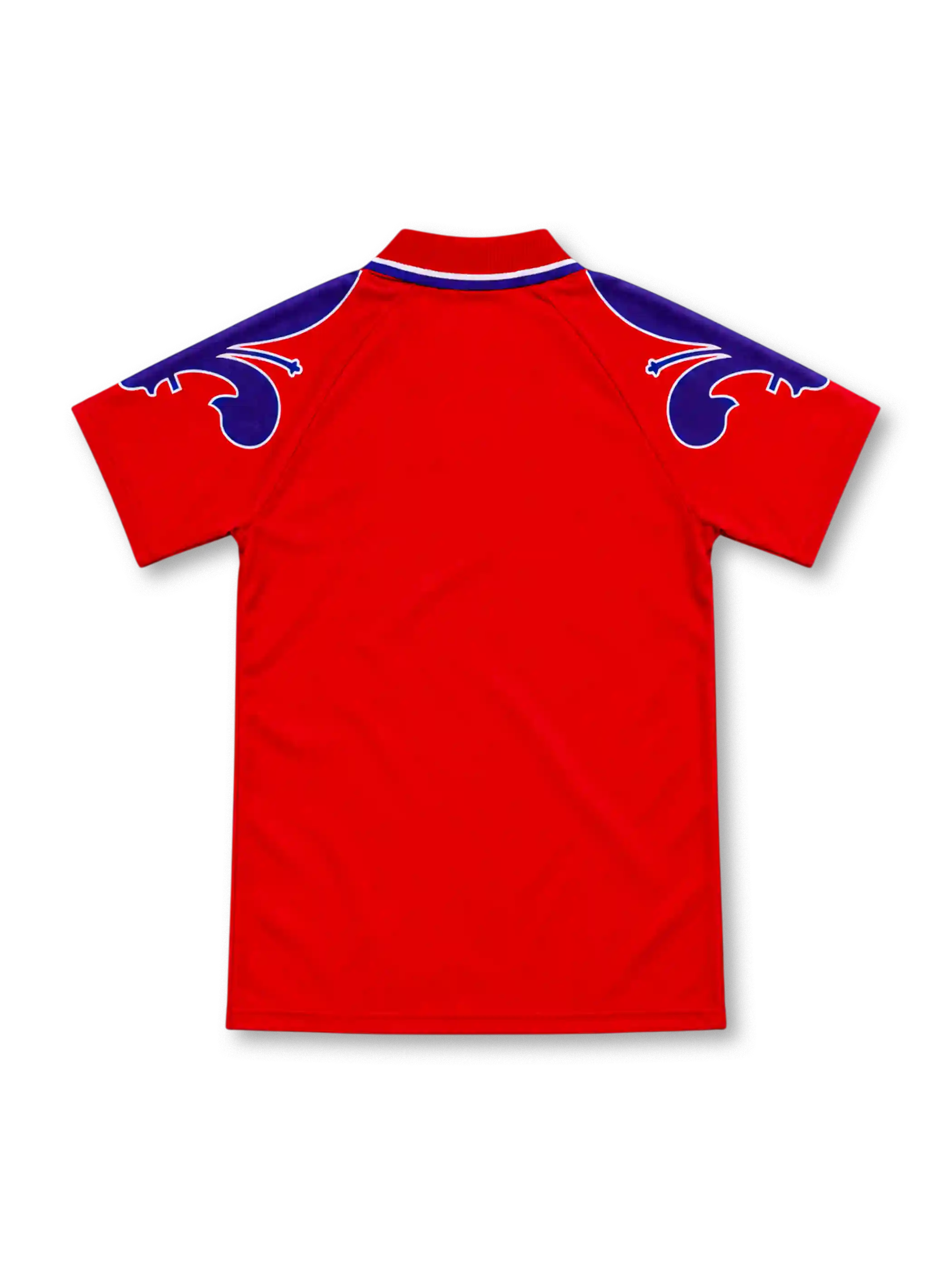 Fiorentina 1995/96 red third jersey by Reebok with purple shoulder graphics, fold-down collar, fleur-de-lis crest and Sammontana sponsor.