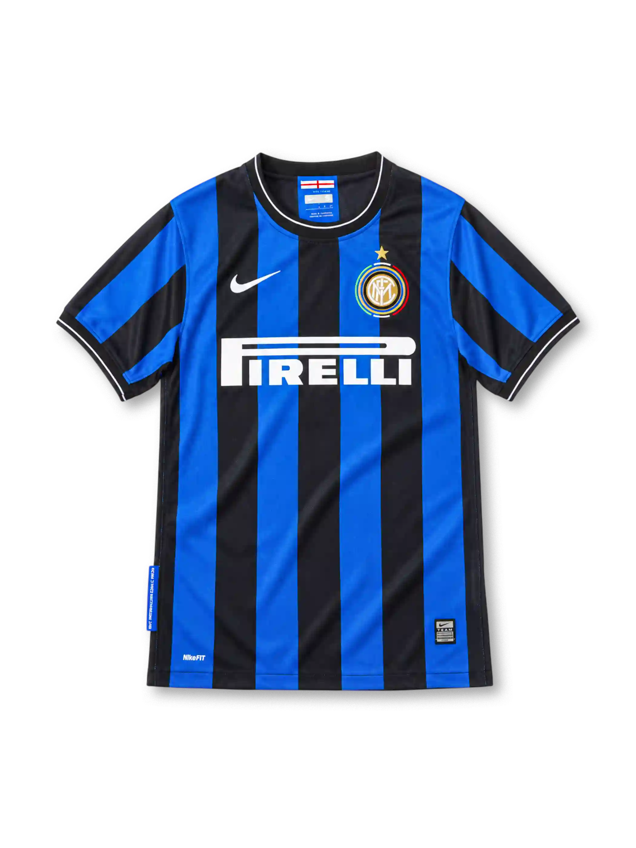 Inter Milan 2009/10 home jersey with black and blue vertical stripes, white Nike Swoosh, Pirelli sponsor, and gold-star club crest.