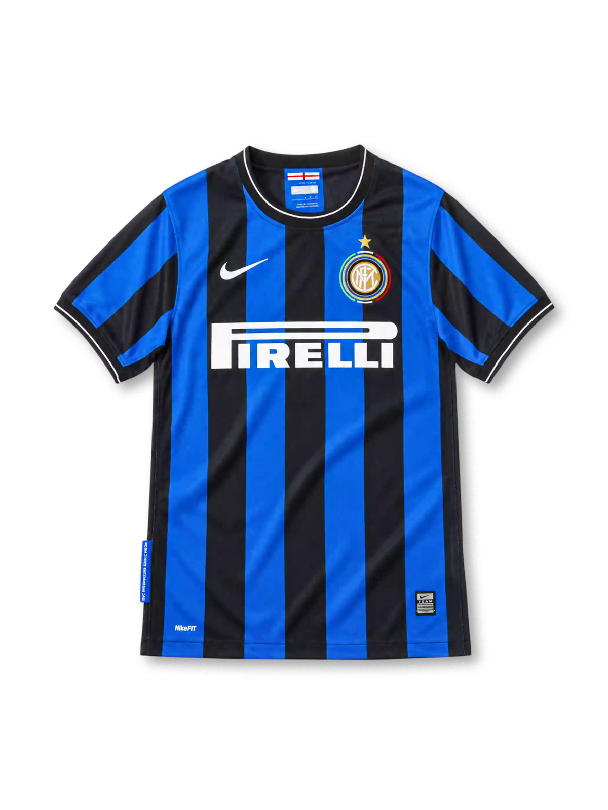 Inter Milan 2009/10 home jersey with black and blue vertical stripes, white Nike Swoosh, Pirelli sponsor, and gold-star club crest.