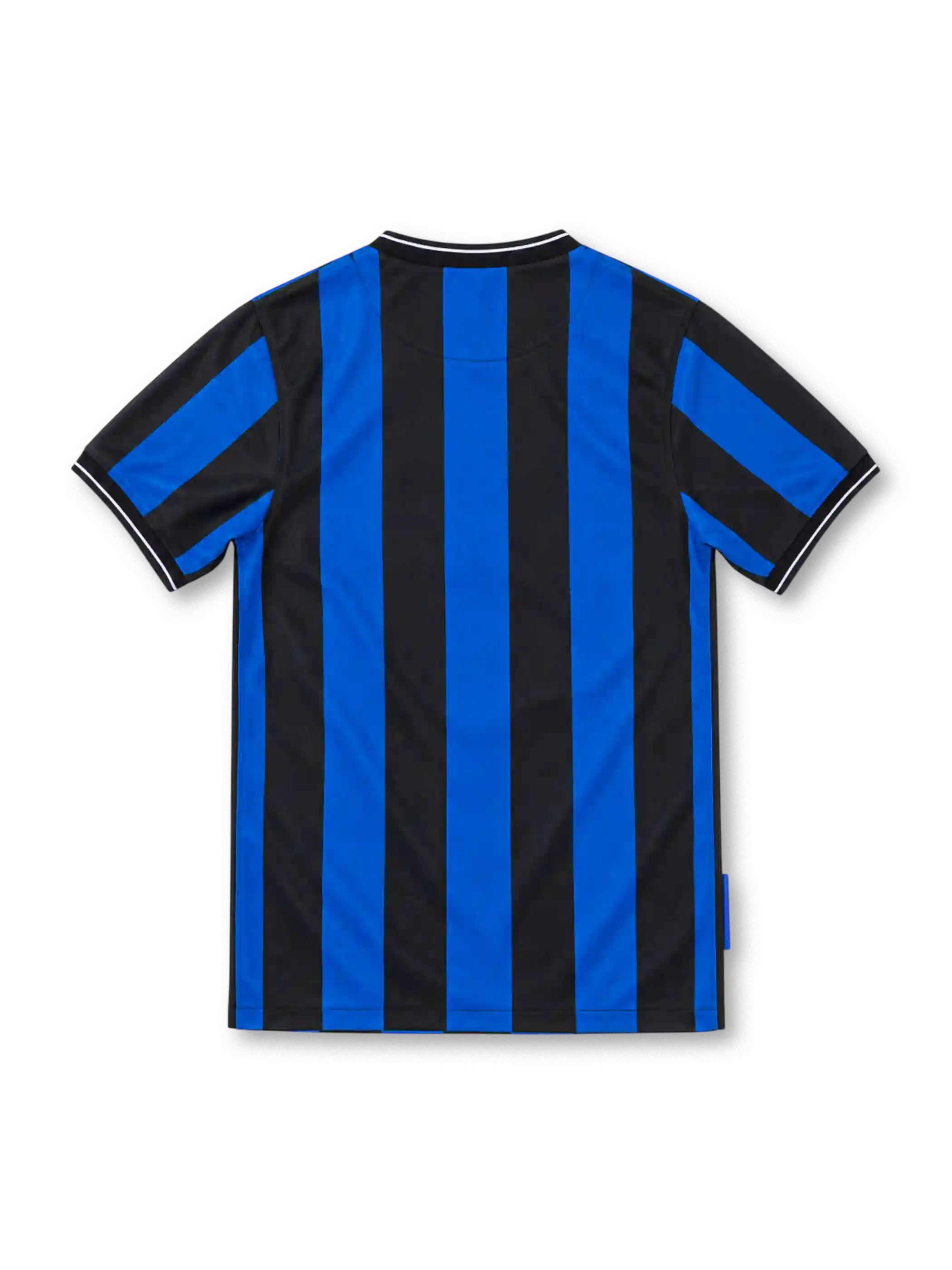 Inter Milan 2009/10 home jersey with black and blue vertical stripes, white Nike Swoosh, Pirelli sponsor, and gold-star club crest.