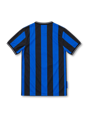 Inter Milan 2009/10 home jersey with black and blue vertical stripes, white Nike Swoosh, Pirelli sponsor, and gold-star club crest.