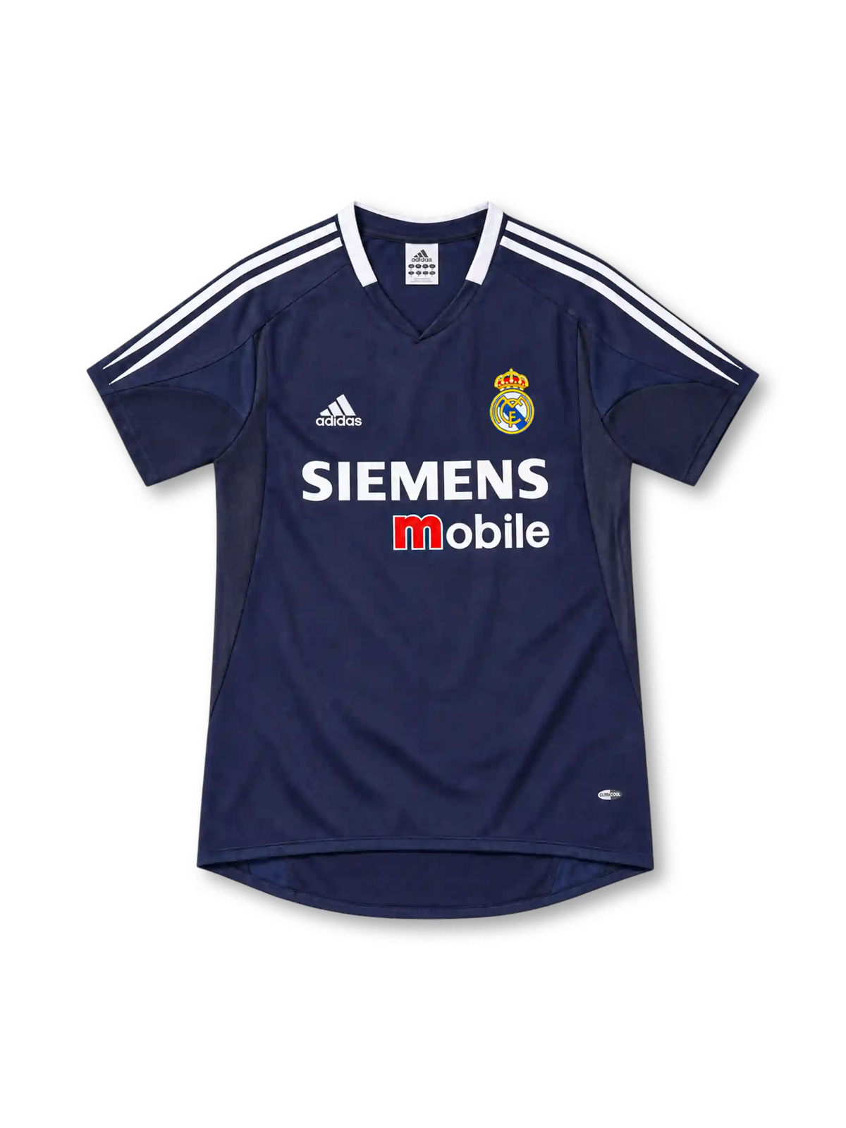 Real Madrid 2004/05 navy away jersey with white adidas shoulder stripes, V-neck collar, club crest and Siemens mobile sponsor.
