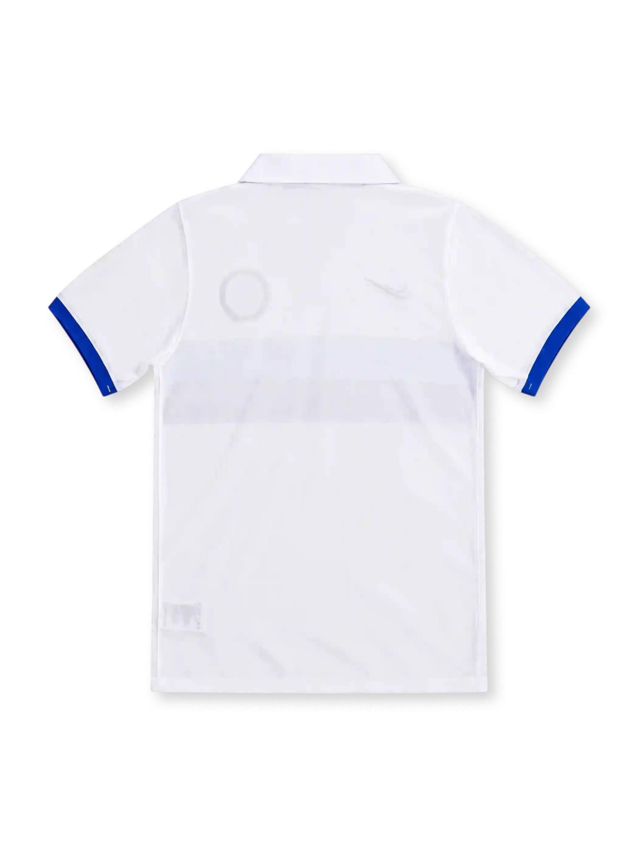 Inter Milan 2009/10 white away jersey with blue-and-black chest band, Pirelli sponsor, Nike Swoosh, polo collar and multicolored club crest.