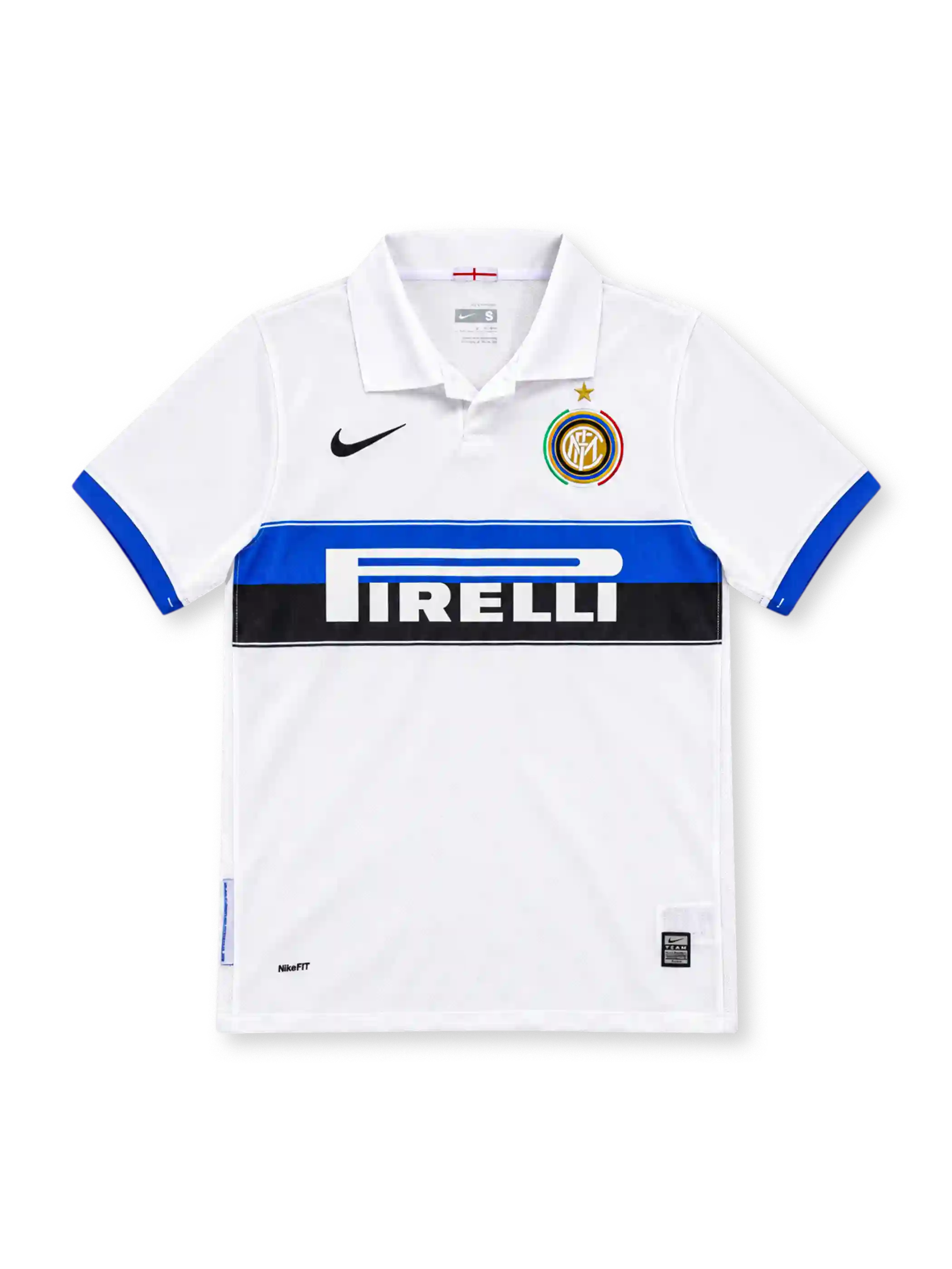 Inter Milan 2009/10 white away jersey with blue-and-black chest band, Pirelli sponsor, Nike Swoosh, polo collar and multicolored club crest.