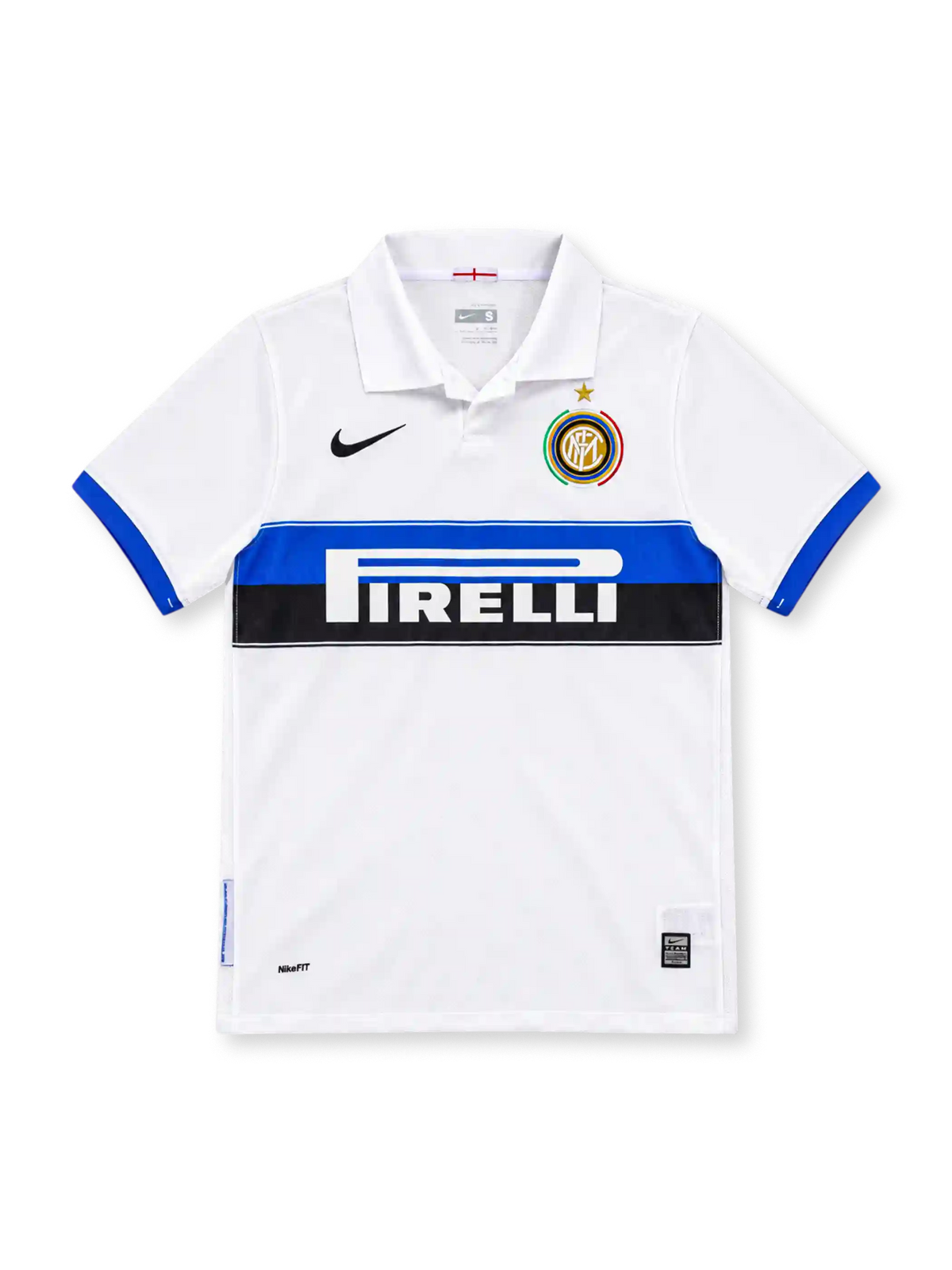 Inter Milan 2009/10 white away jersey with blue-and-black chest band, Pirelli sponsor, Nike Swoosh, polo collar and multicolored club crest.