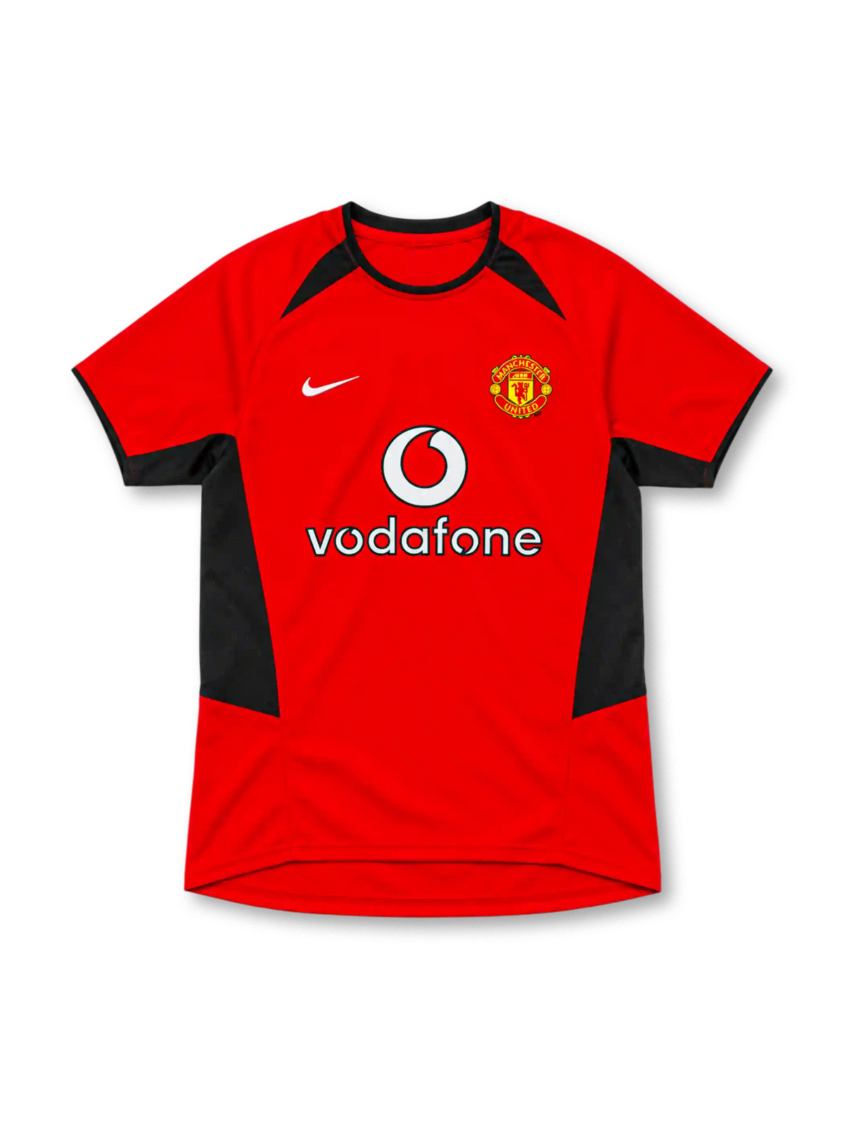 Manchester United 2002–04 red home short-sleeve jersey with black side panels, white Nike Swoosh, club crest and Vodafone sponsor.