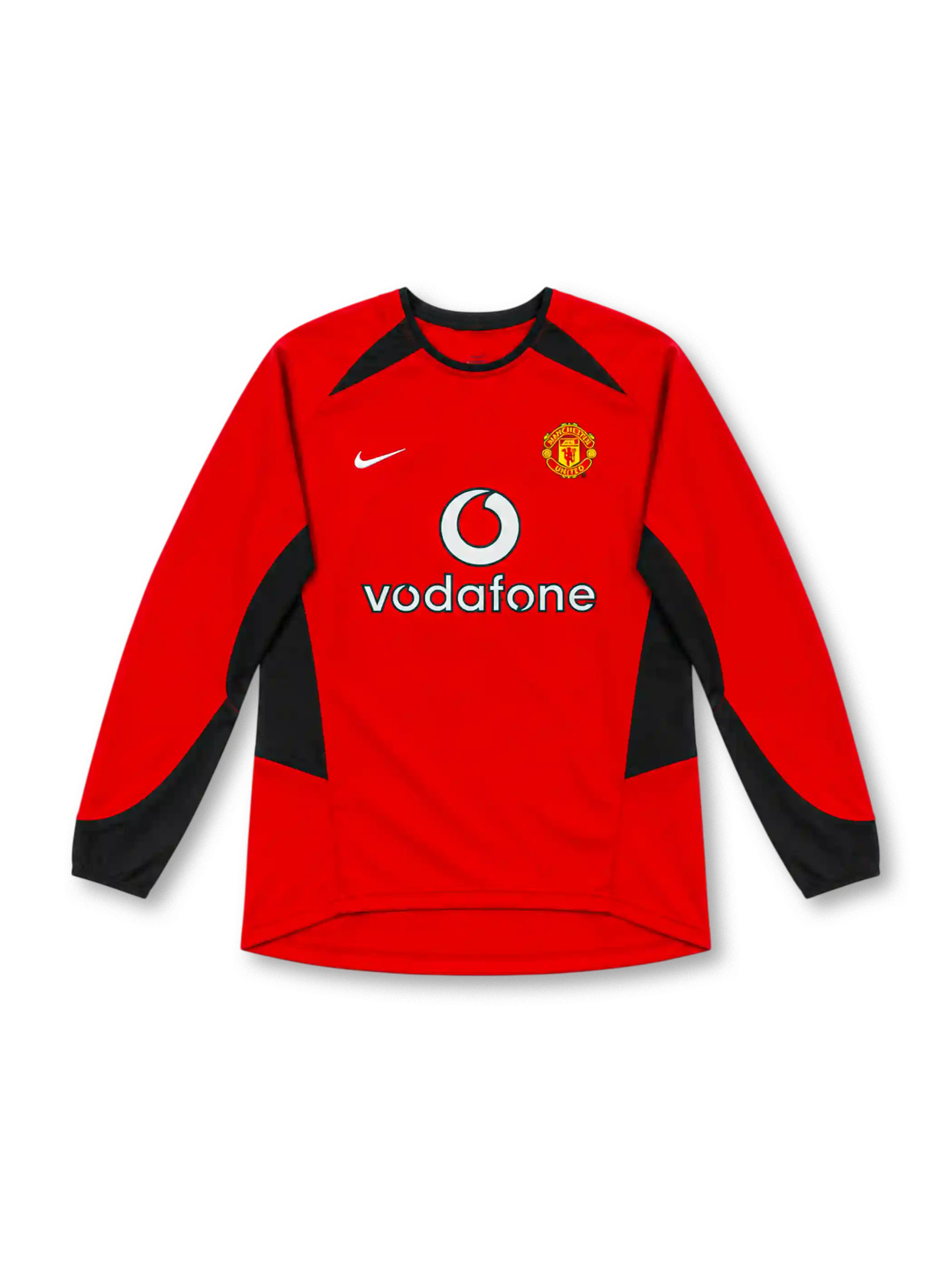 Manchester United 2002–04 red home long-sleeve jersey with black sleeve and side panels, white Nike Swoosh, club crest and Vodafone sponsor.